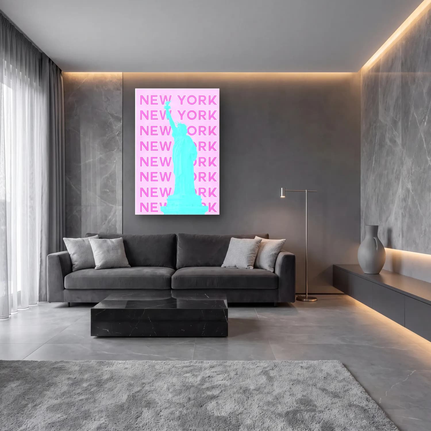 Pastel New York Silüeti No. 5 cam tablo — lüks salon duvarında