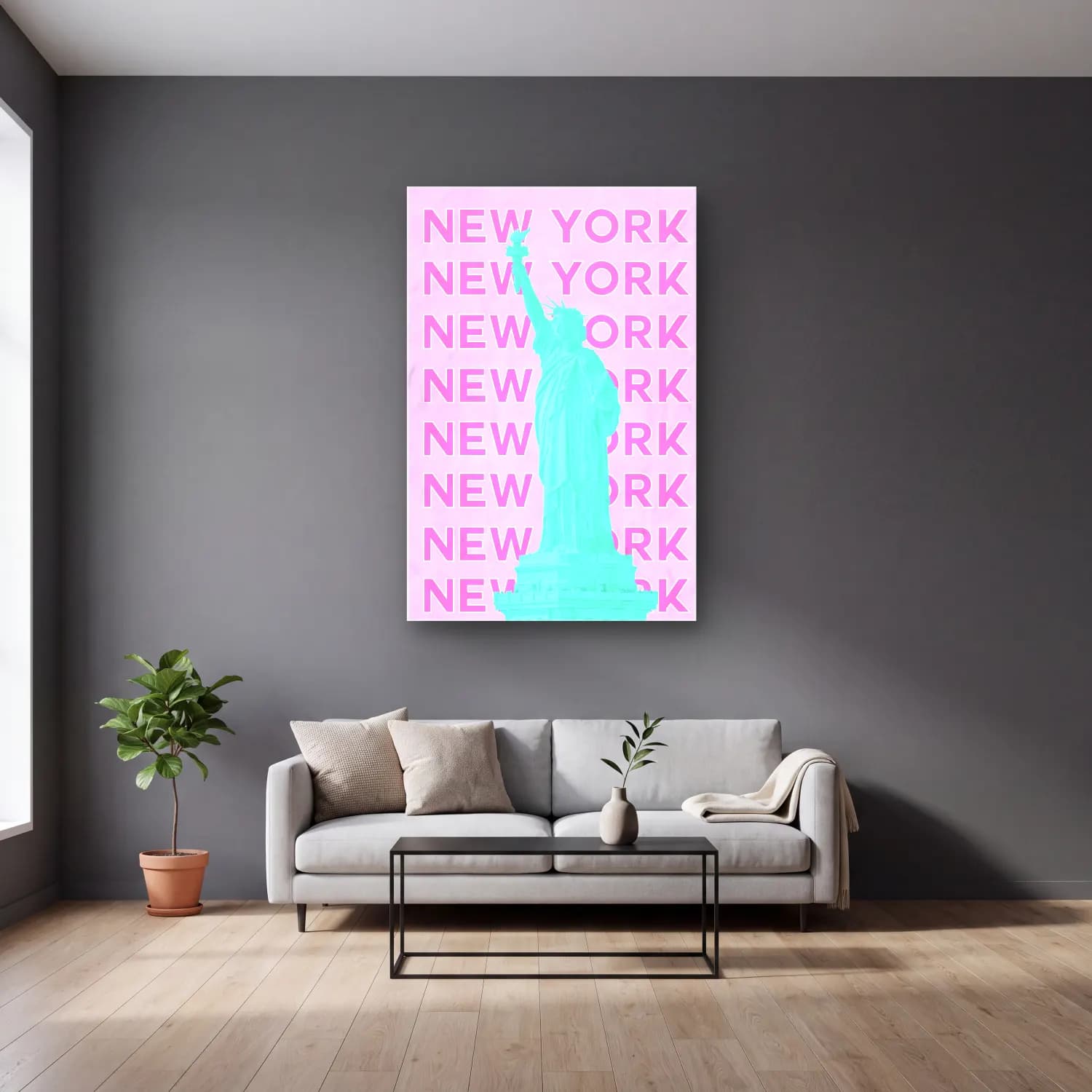 Pastel New York Silüeti No. 5 cam tablo — gri duvarlı salonda