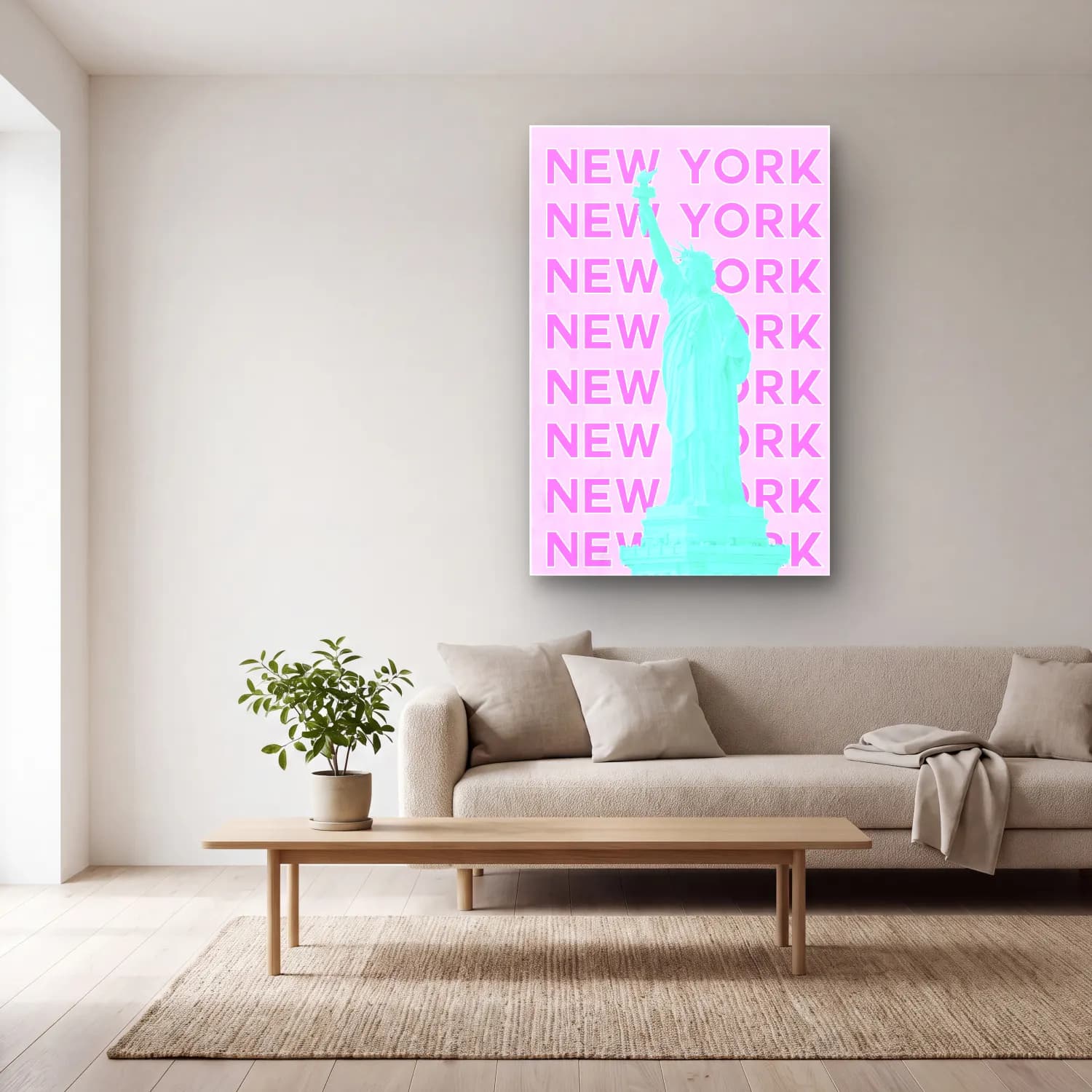 Pastel New York Silüeti No. 5 cam tablo — açık renk salonda
