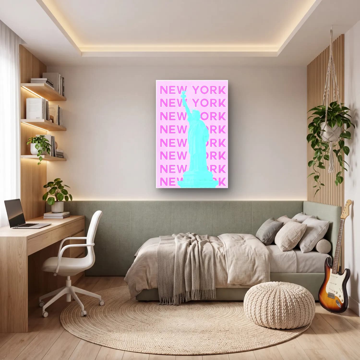 Pastel New York Silüeti No. 5 cam tablo — genç odasında