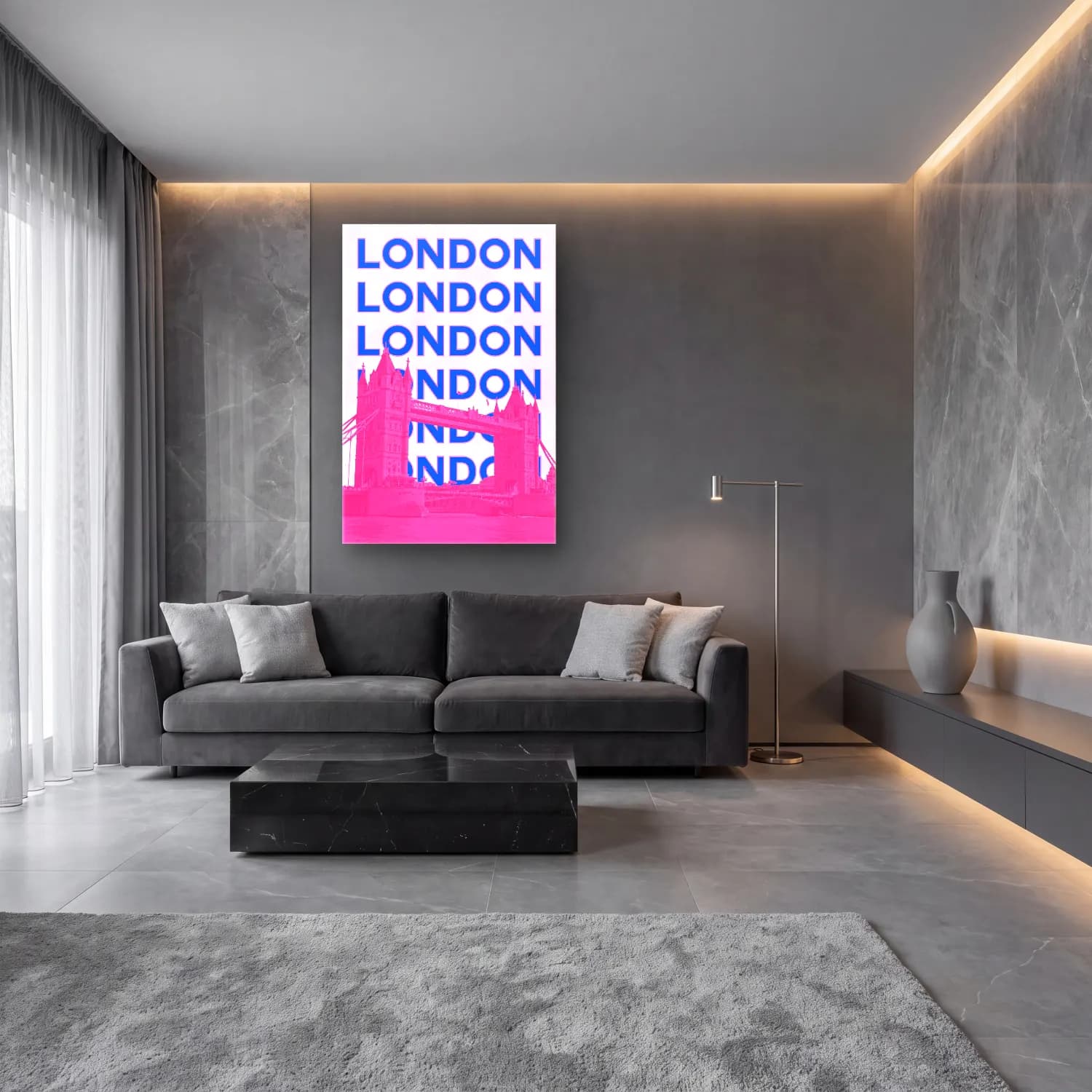 Pastel Londra No. 5 cam tablo — lüks salon duvarında