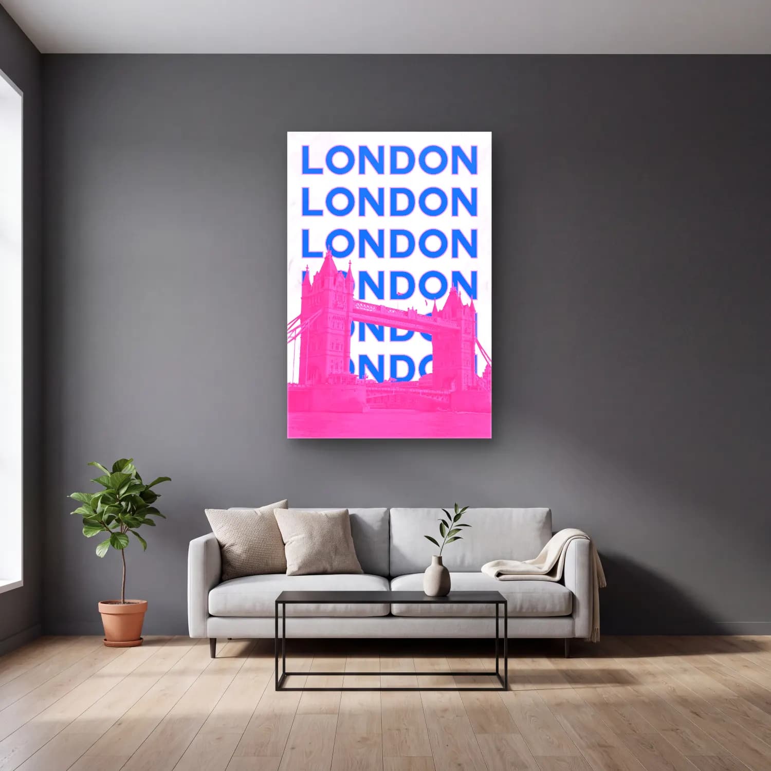 Pastel Londra No. 5 cam tablo — gri duvarlı salonda
