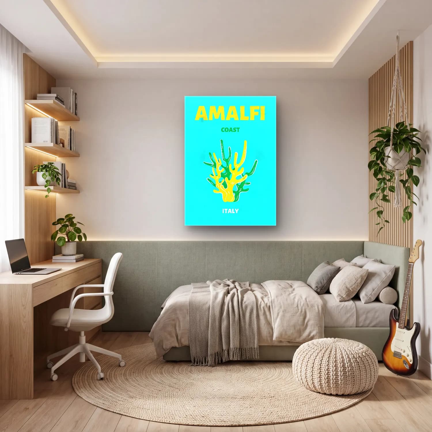 Maksimalist İtalyan Sahili – Turkuaz Tonlar cam tablo — genç odasında