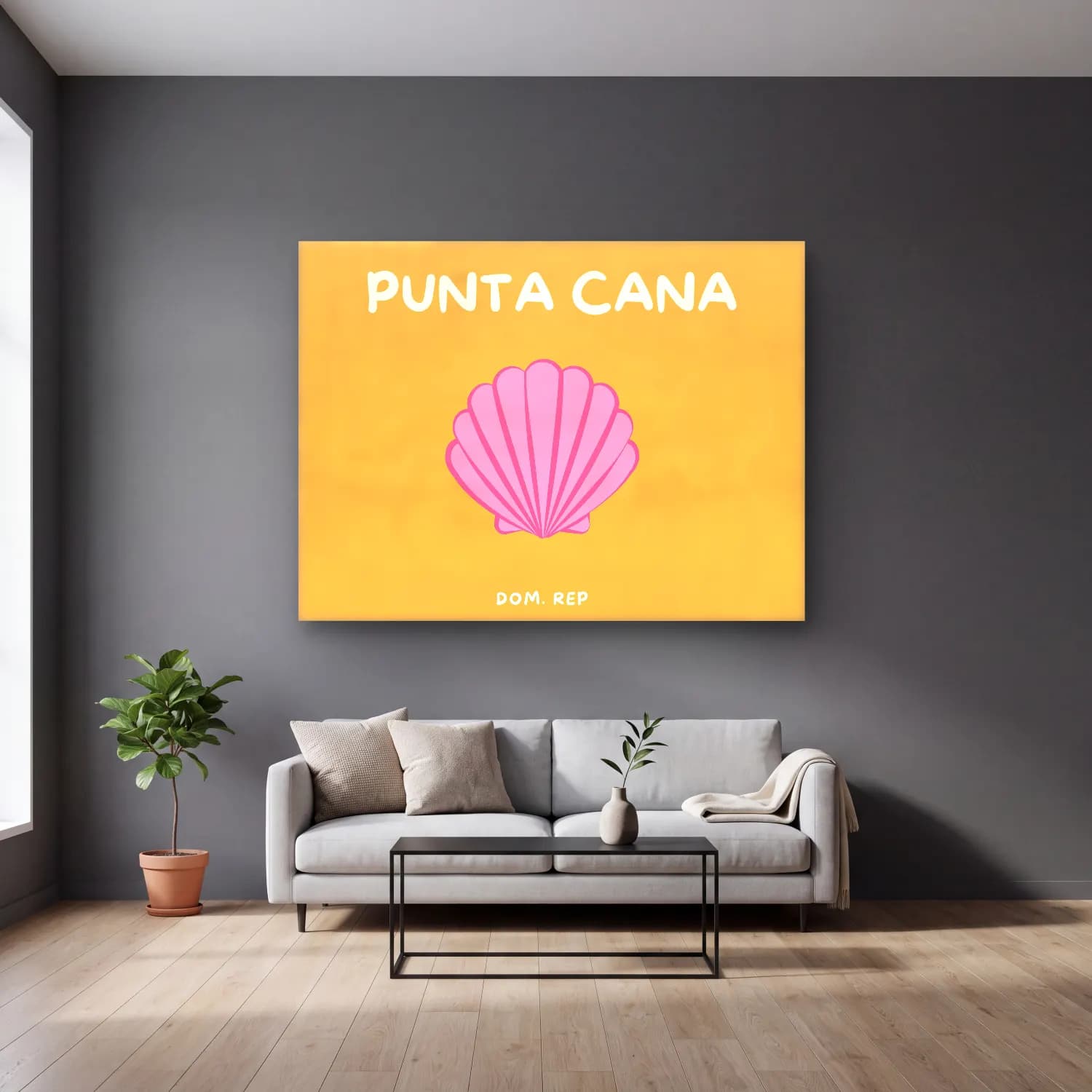 Pop Art Monstera Yaprağı cam tablo — gri duvarlı salonda