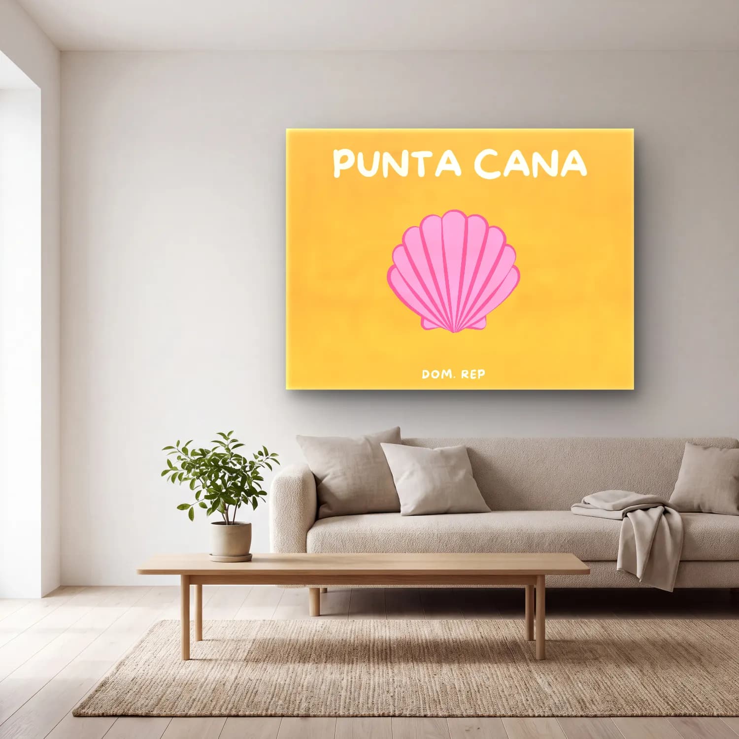 Pop Art Monstera Yaprağı cam tablo — açık renk salonda
