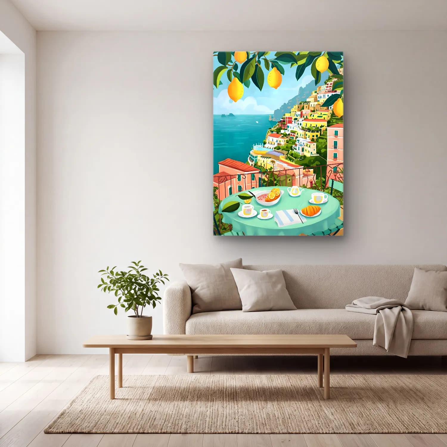 Pastel İtalyan Sahili No. 4 cam tablo — açık renk salonda