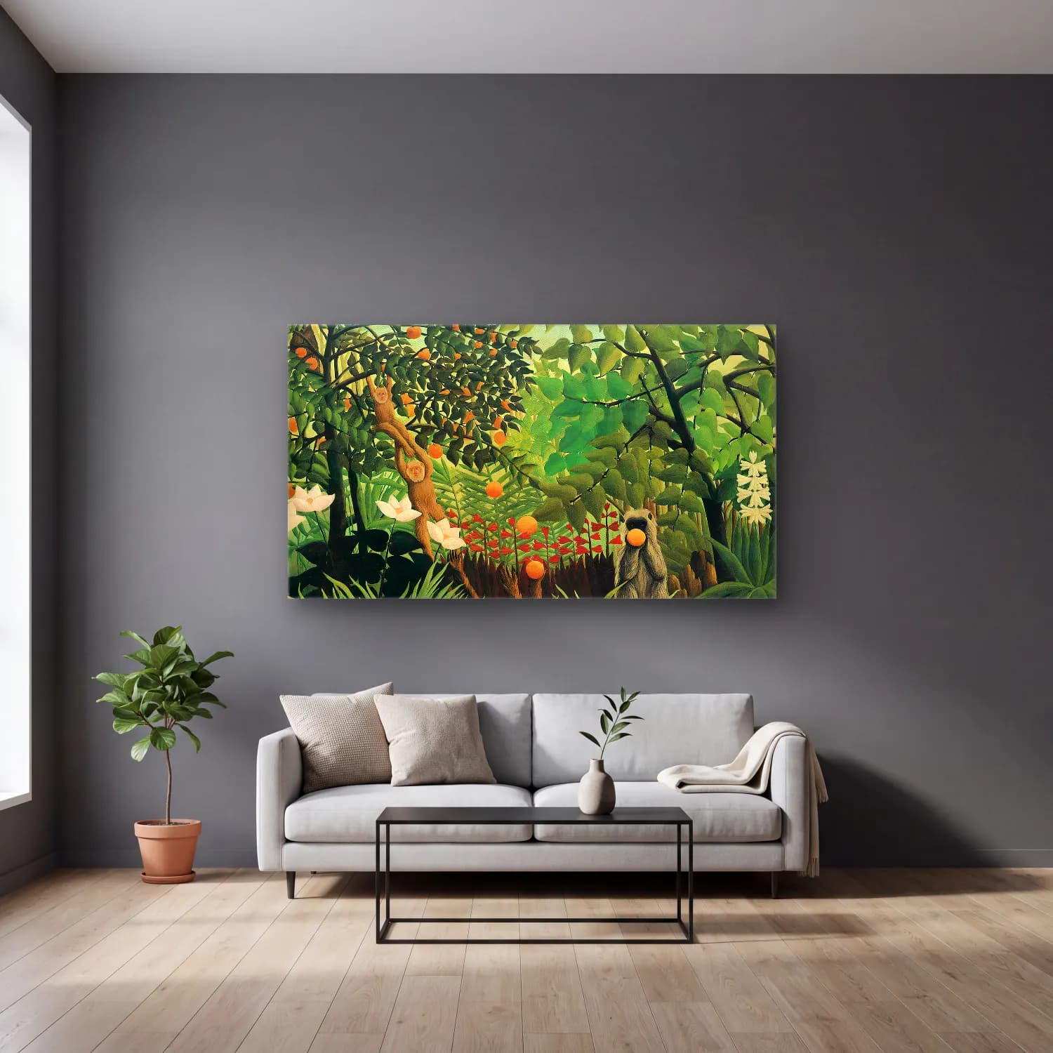 Henri Rousseau – Exotic Landscape cam tablo — gri duvarlı salonda