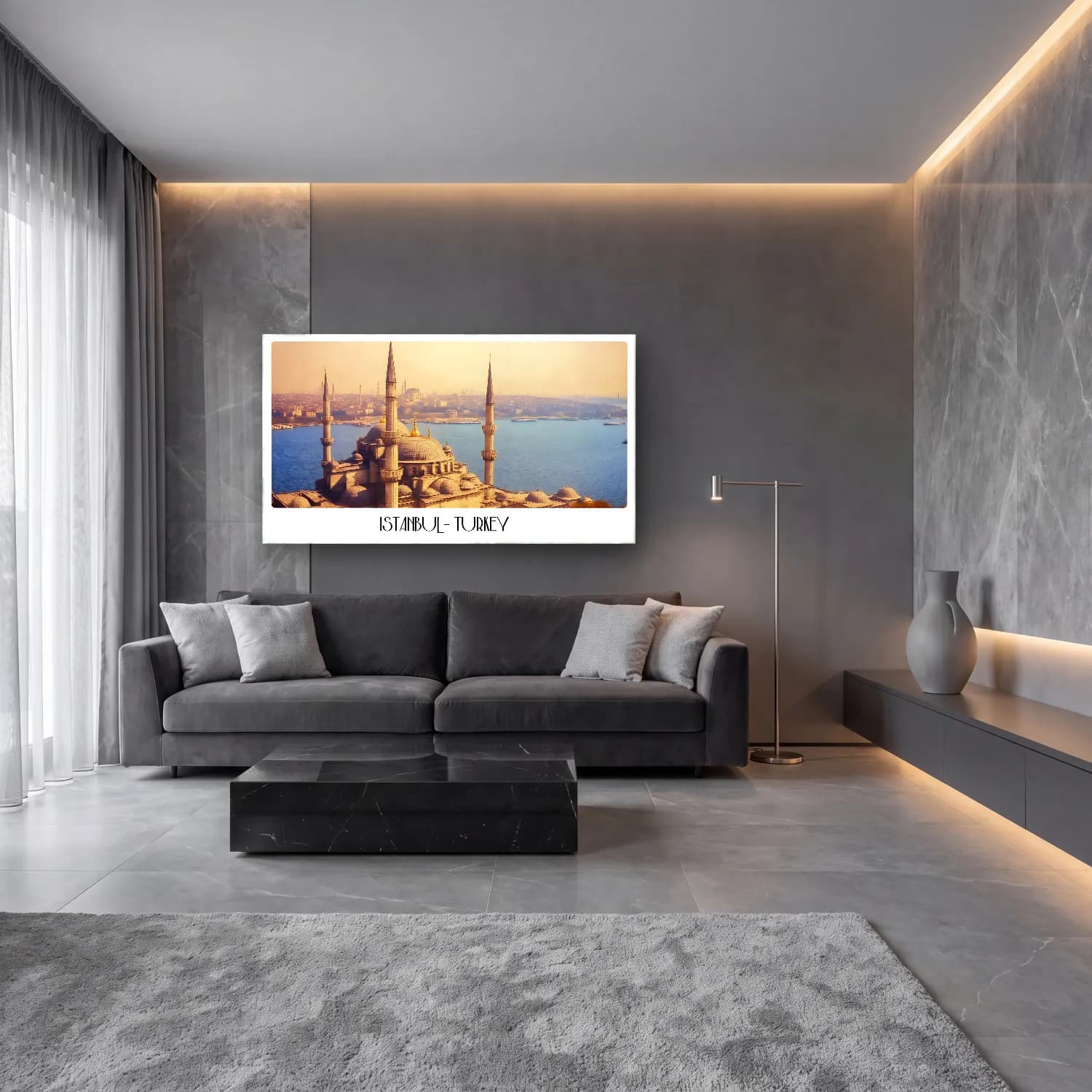 Pastel İstanbul – Sarı Tonlar cam tablo — lüks salon duvarında