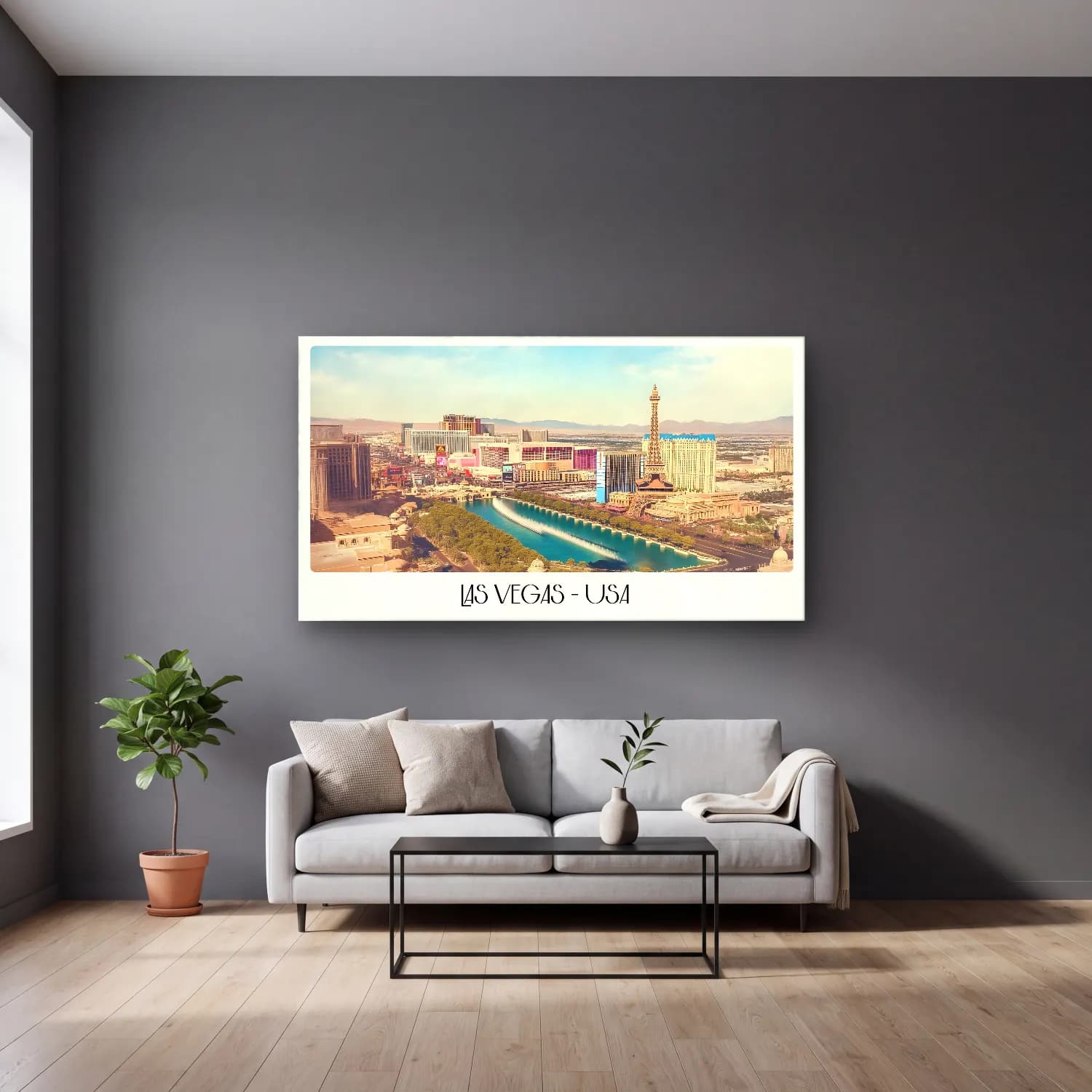 Pastel New York Silüeti No. 6 cam tablo — gri duvarlı salonda