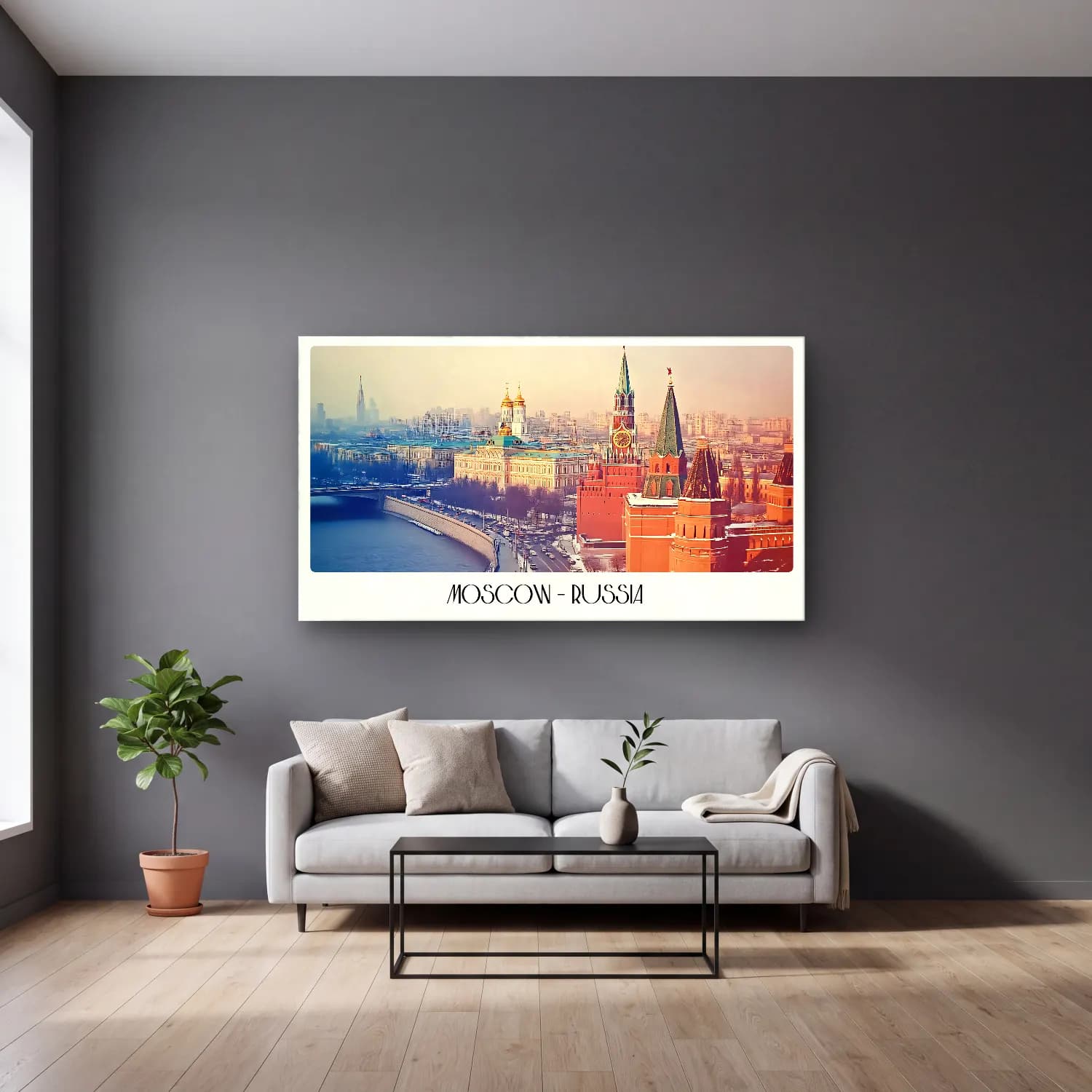 Pastel Katedral – Sarı Tonlar cam tablo — gri duvarlı salonda
