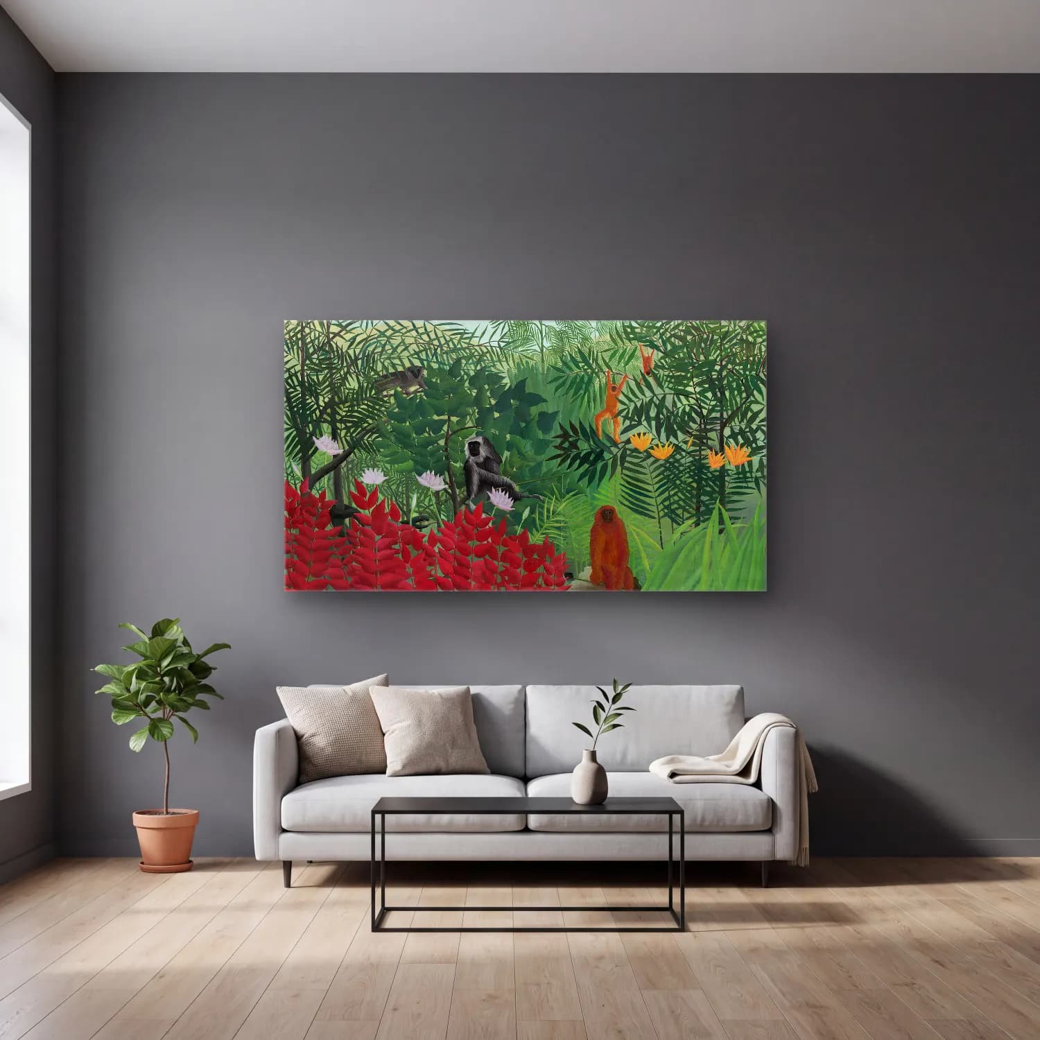 Henri Rousseau – Tropical Forest withe Monkeys cam tablo — gri duvarlı salonda