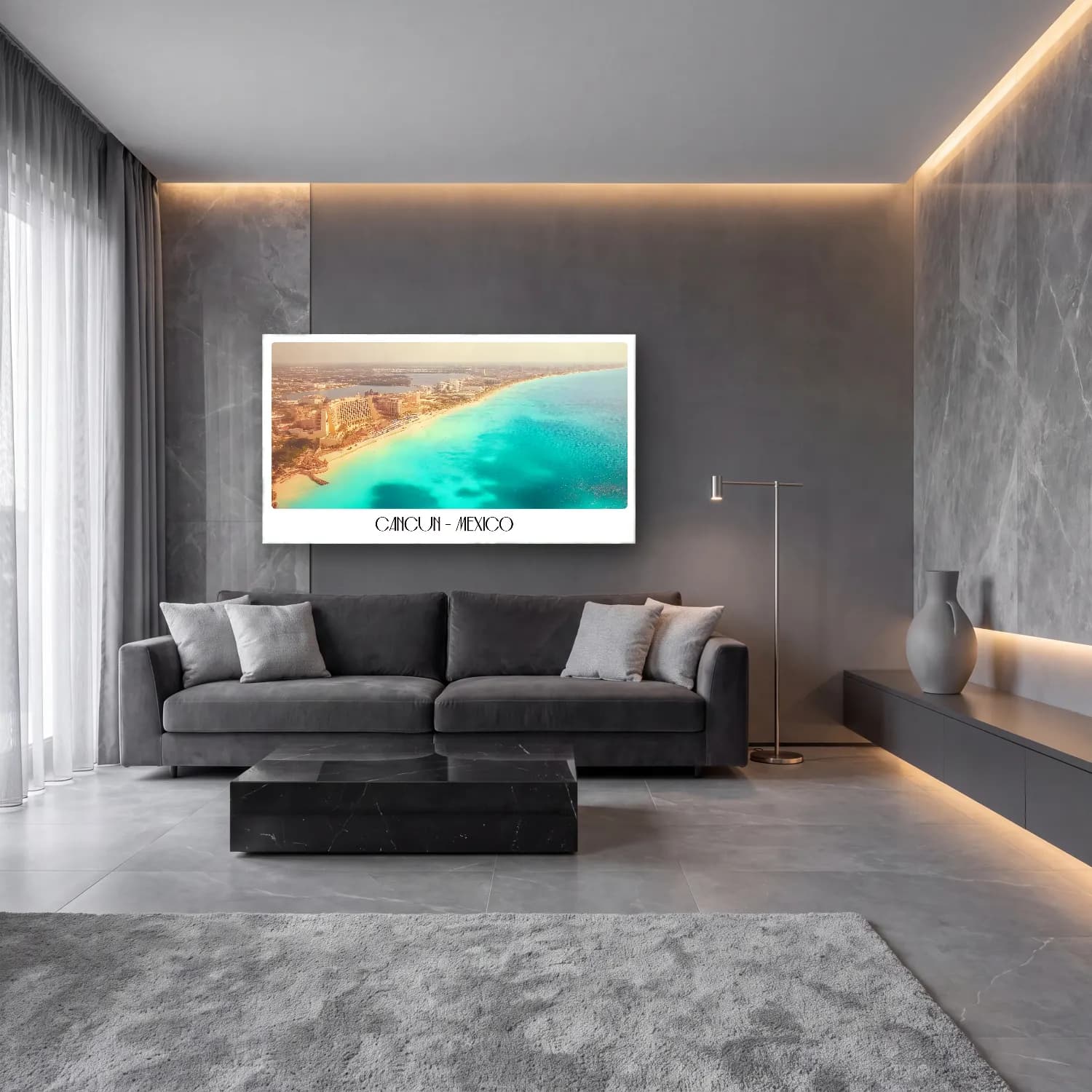 Pastel Dalgalı Sahil No. 21 cam tablo — lüks salon duvarında