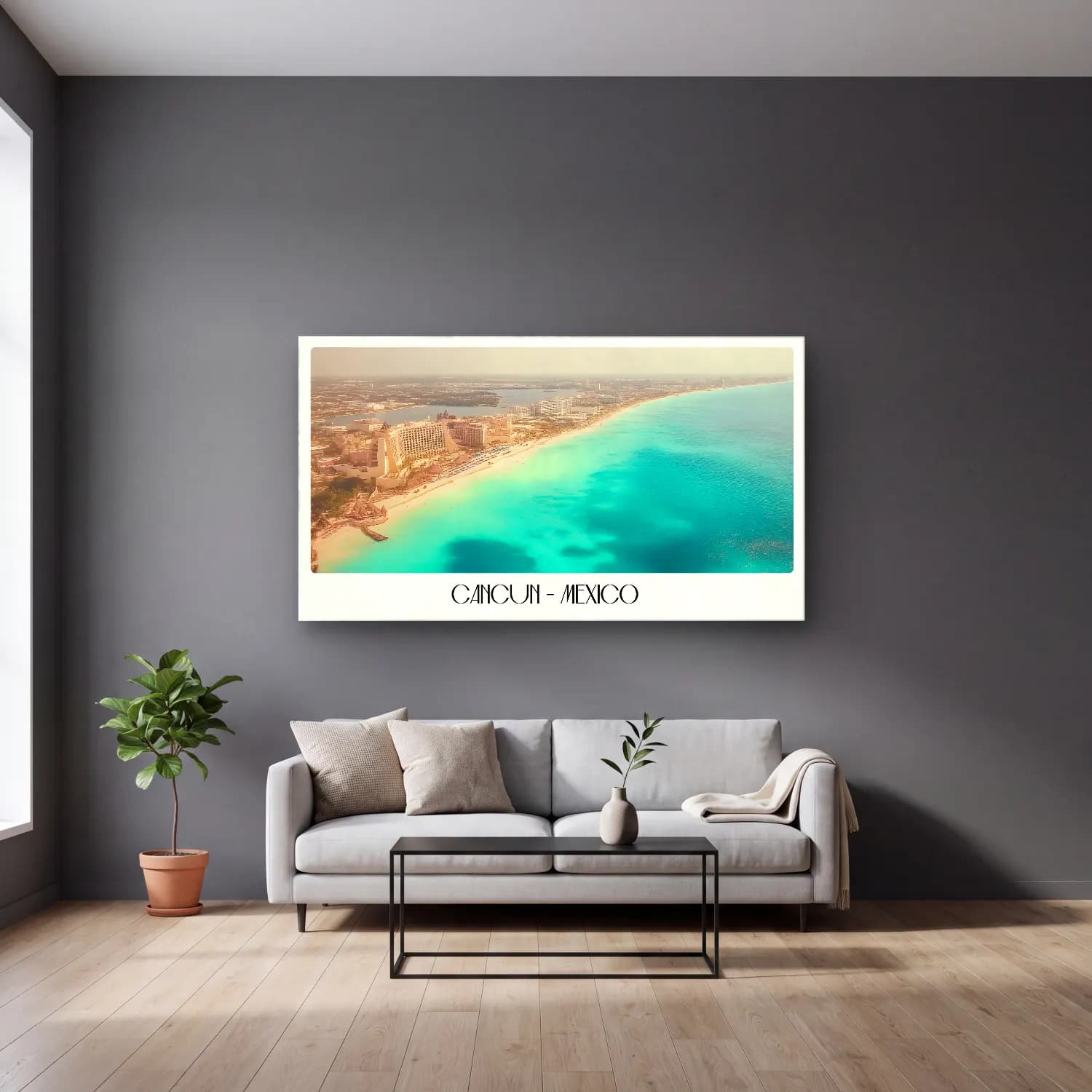 Pastel Dalgalı Sahil No. 21 cam tablo — gri duvarlı salonda