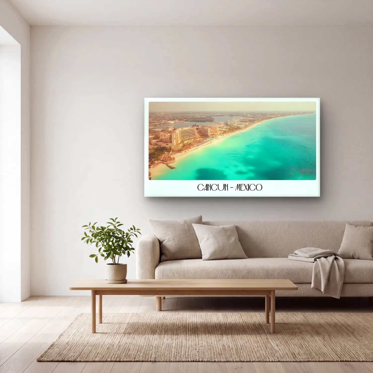 Pastel Dalgalı Sahil No. 21 cam tablo — açık renk salonda