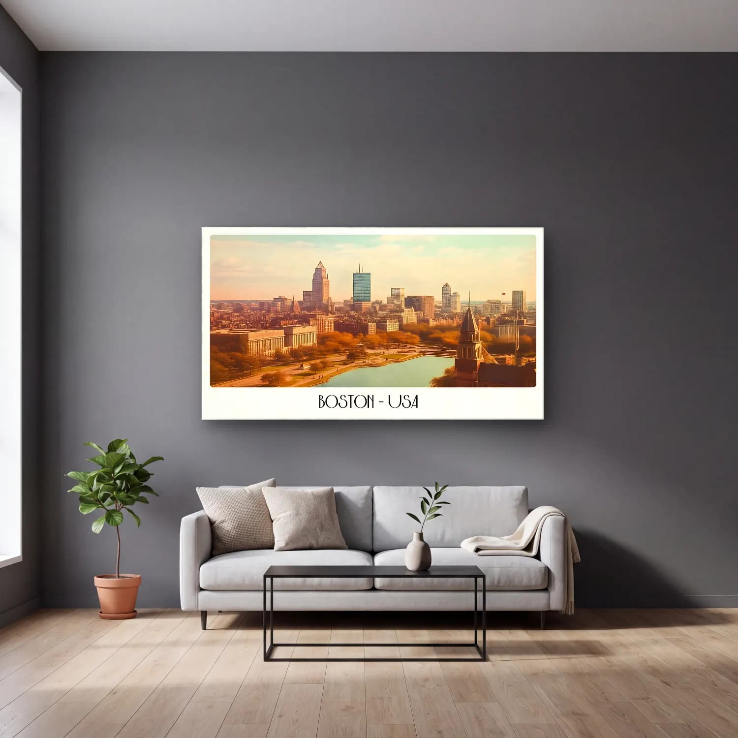 Pastel New York Silüeti – Sarı Tonlar cam tablo — gri duvarlı salonda