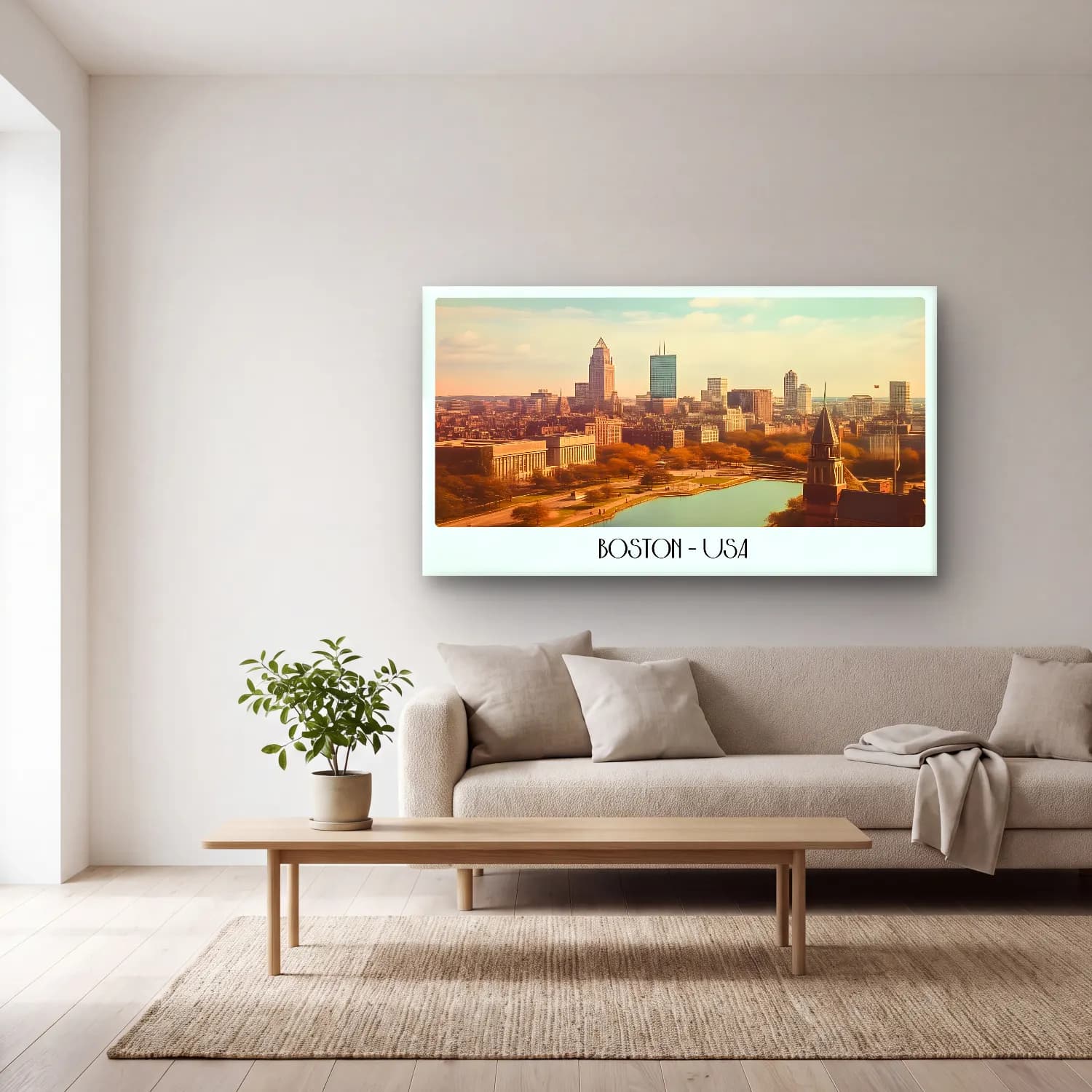 Pastel New York Silüeti – Sarı Tonlar cam tablo — açık renk salonda