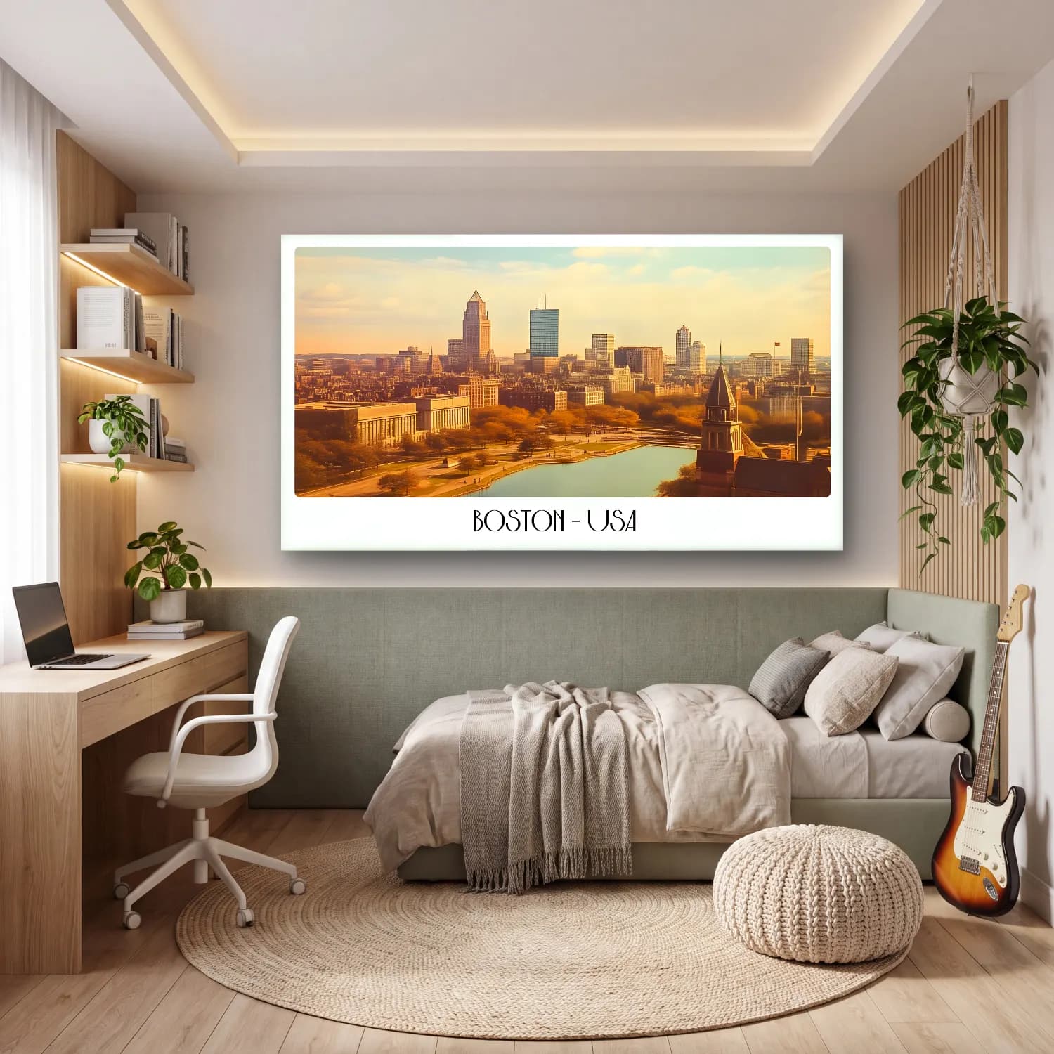 Pastel New York Silüeti – Sarı Tonlar cam tablo — genç odasında