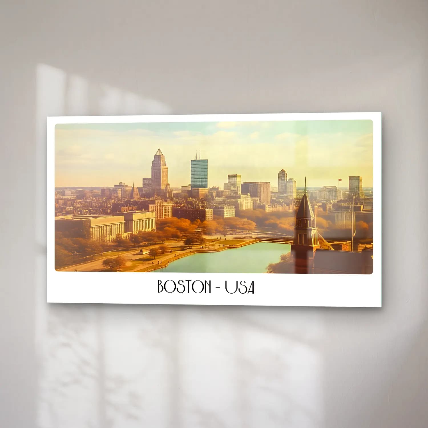 Pastel New York Silüeti – Sarı Tonlar cam tablo — sağ açıdan görünüm