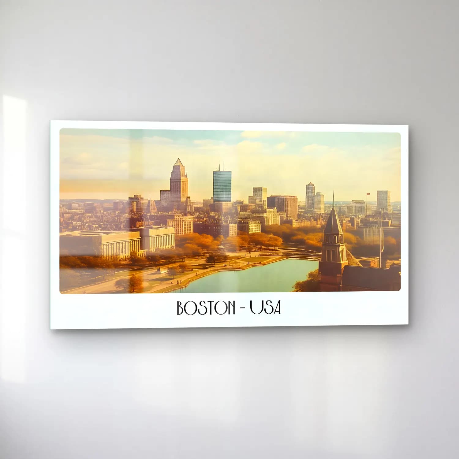 Pastel New York Silüeti – Sarı Tonlar cam tablo — sol açıdan görünüm