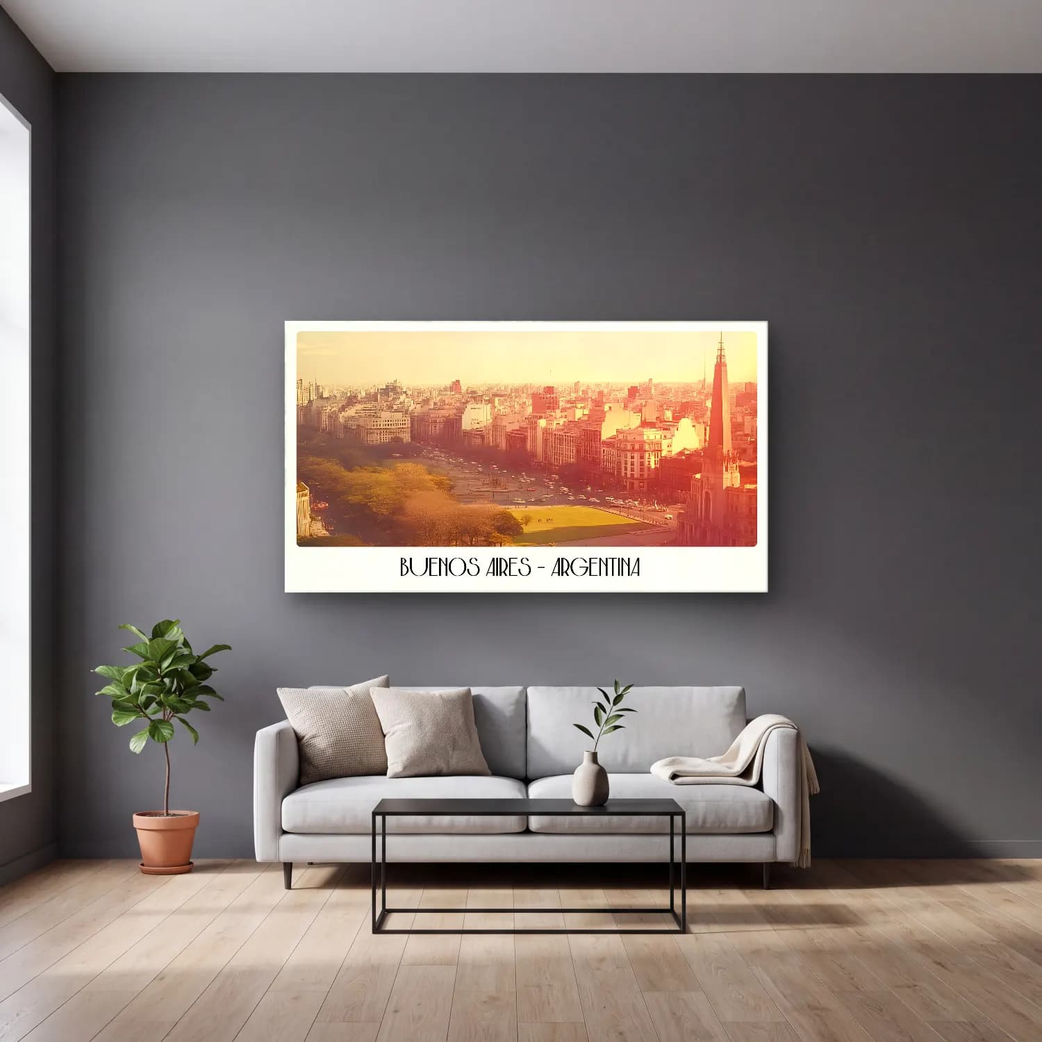 Pastel Gece Şehir – Sarı Tonlar cam tablo — gri duvarlı salonda