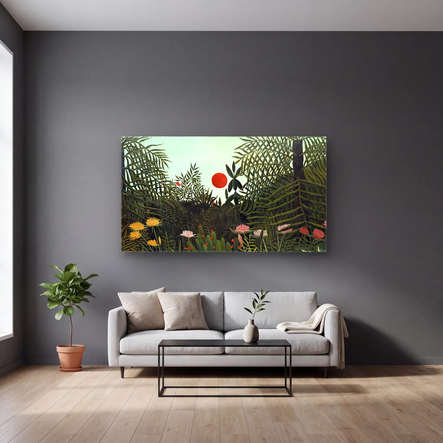 Henri Rousseau – Virgin Forest with-Sunset II cam tablo — gri duvarlı salonda