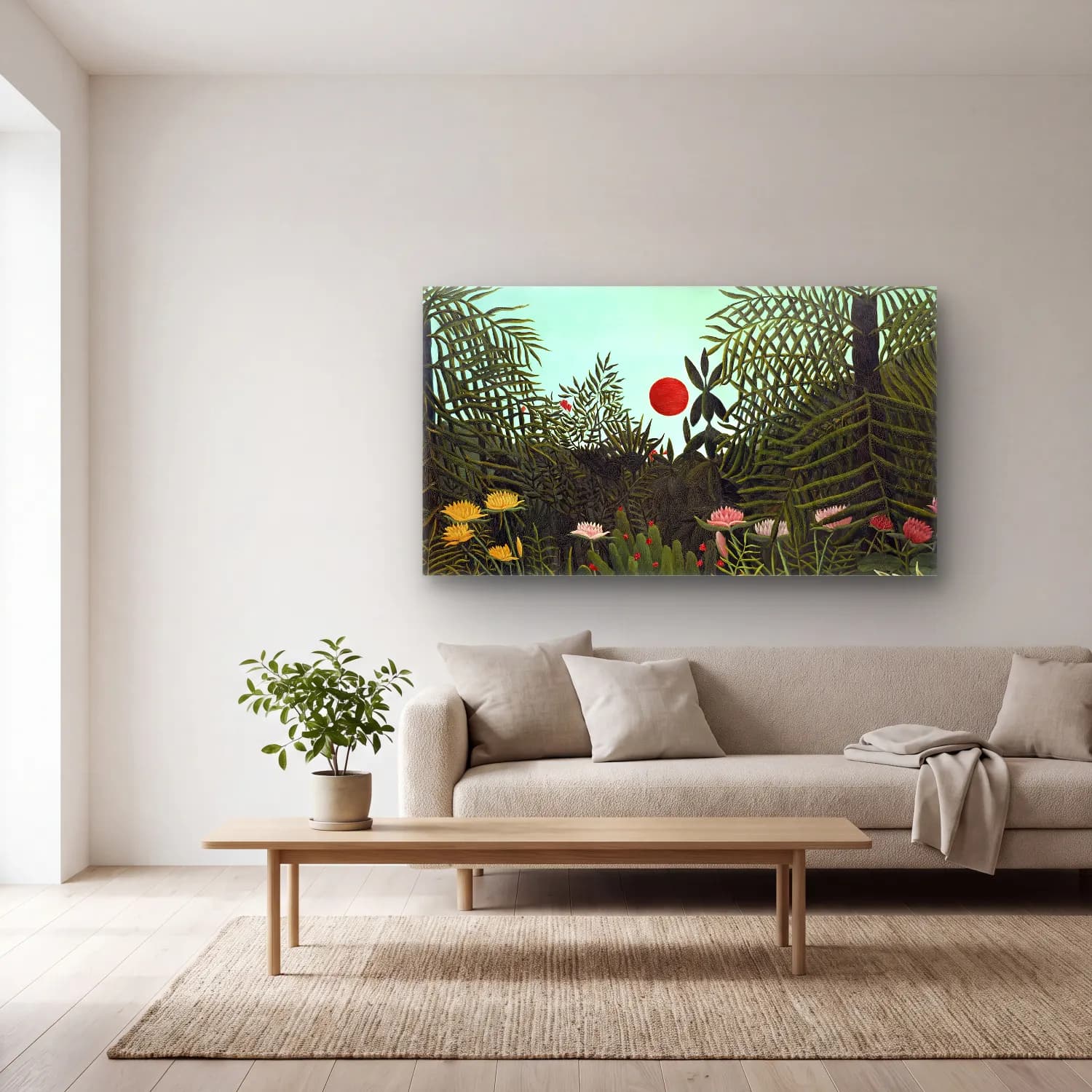 Henri Rousseau – Virgin Forest with-Sunset II cam tablo — açık renk salonda