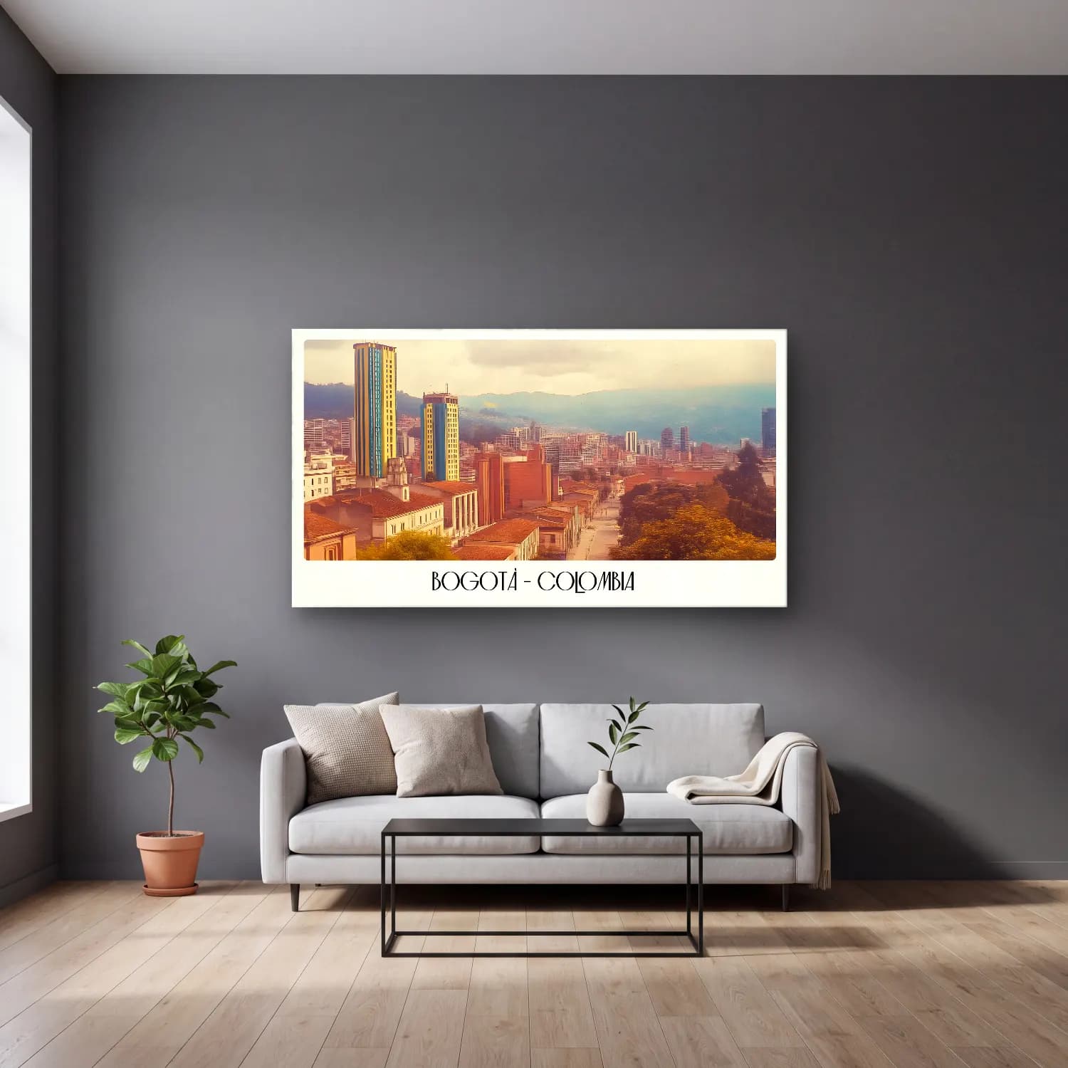 Pastel Katedral No. 6 cam tablo — gri duvarlı salonda