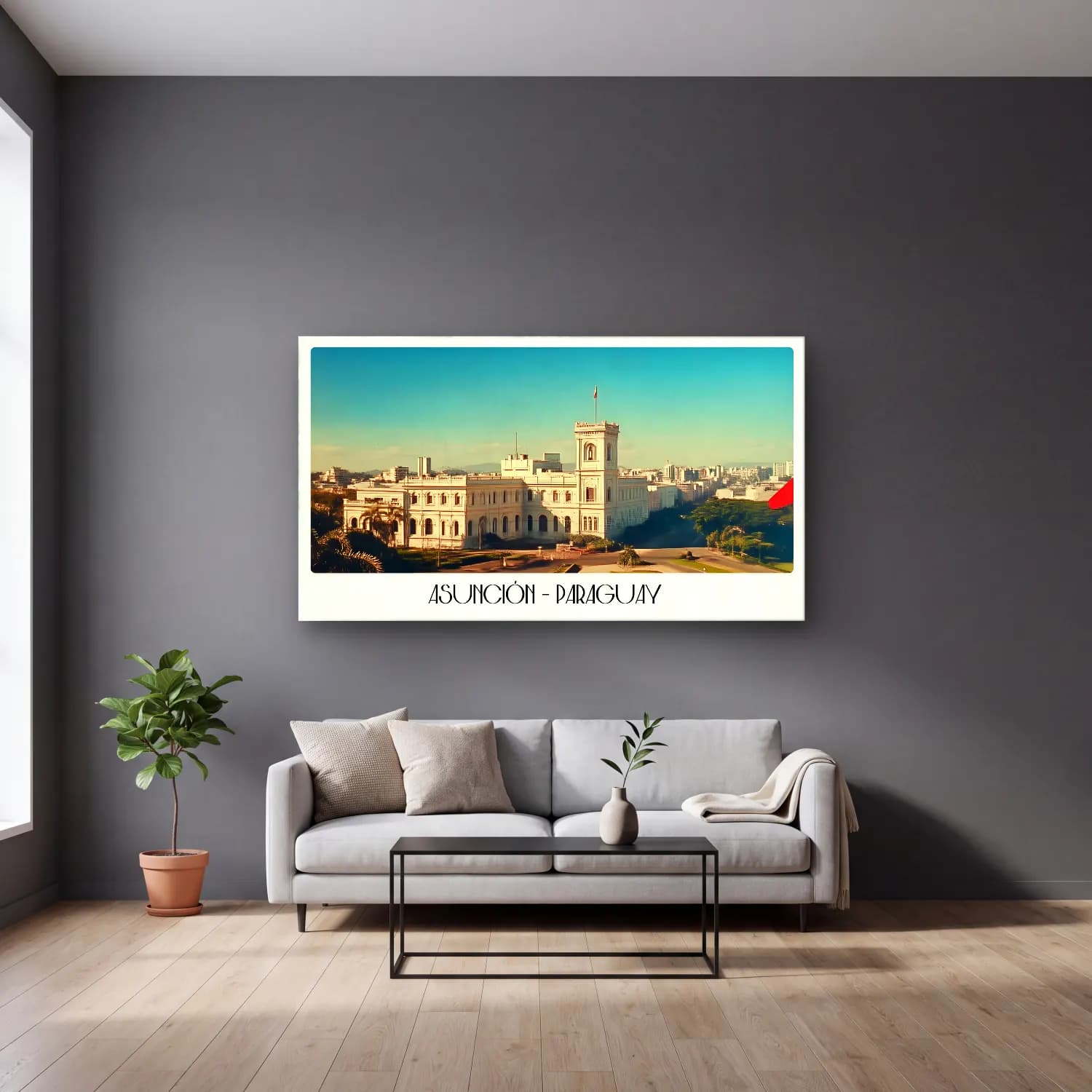 Pastel Şato No. 3 cam tablo — gri duvarlı salonda