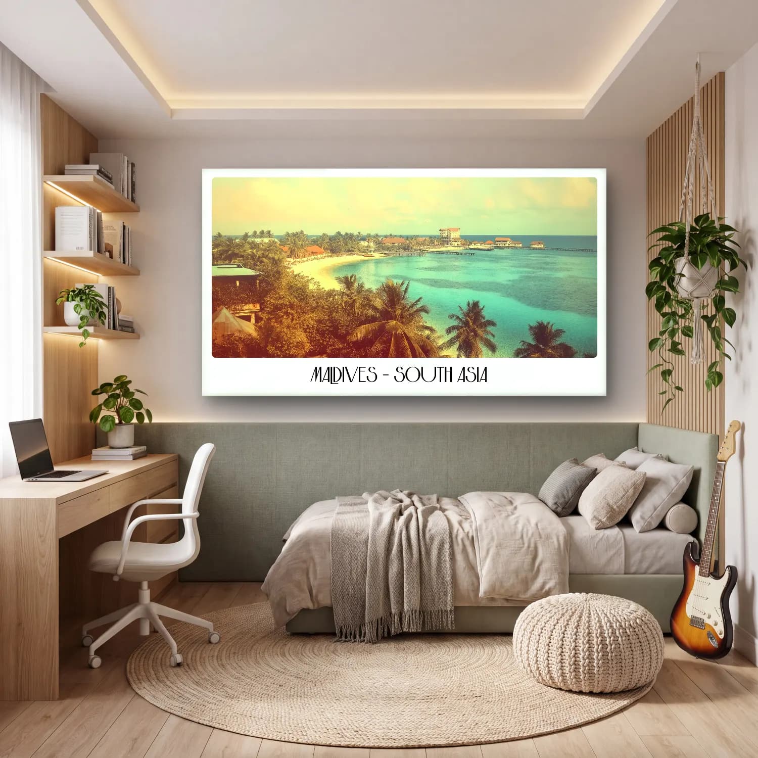 Vintage Poster Palmiyeli Tropik Sahil No. 6 cam tablo — genç odasında