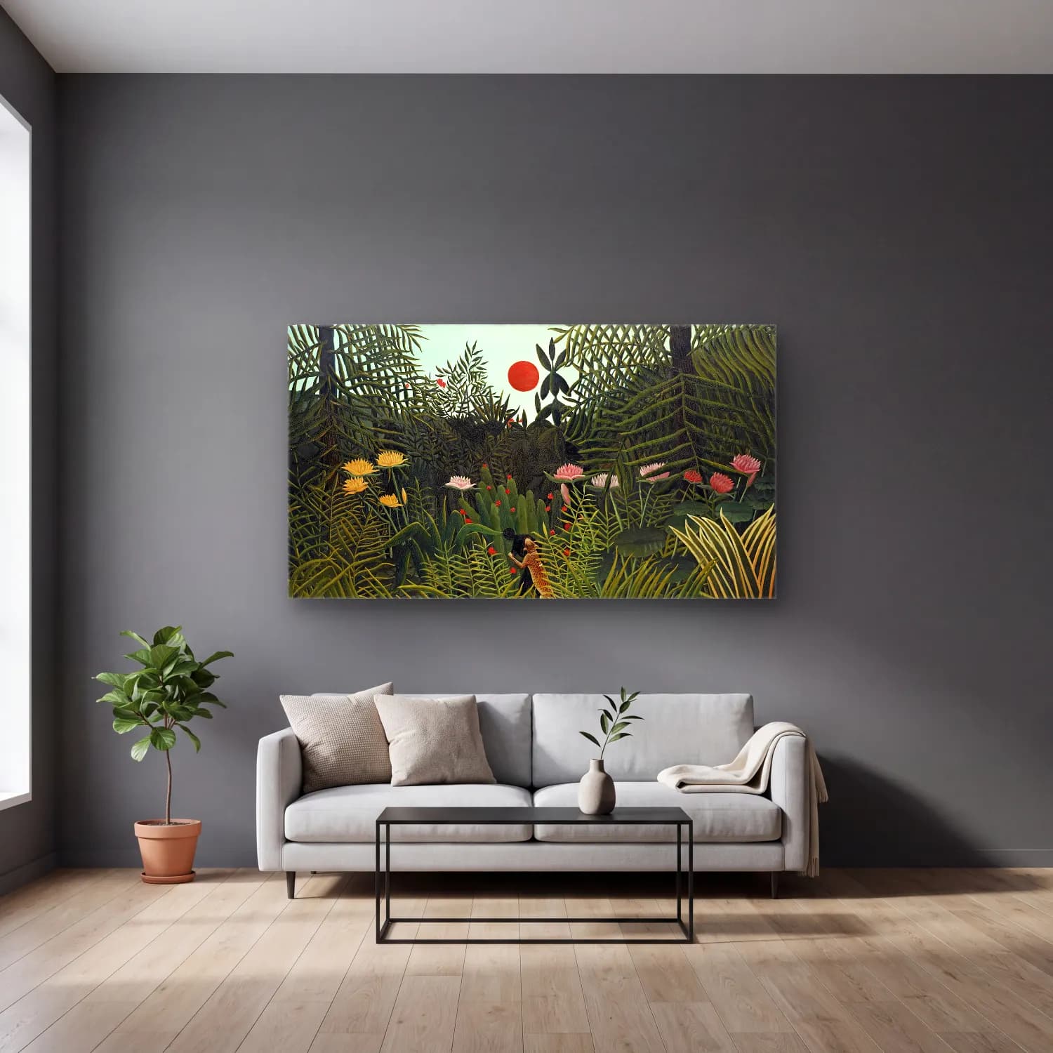 Henri Rousseau – Virgin Forest with-Sunset cam tablo — gri duvarlı salonda