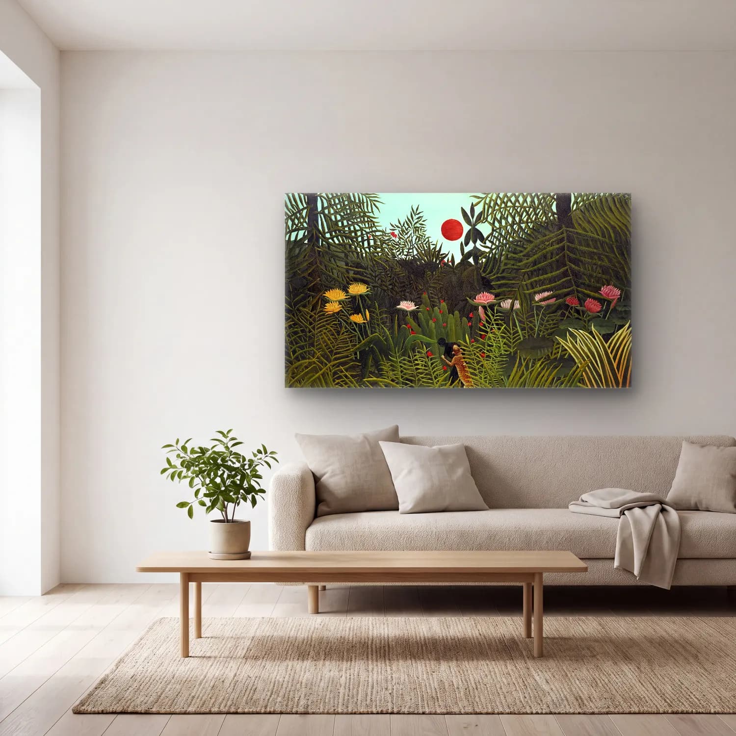 Henri Rousseau – Virgin Forest with-Sunset cam tablo — açık renk salonda