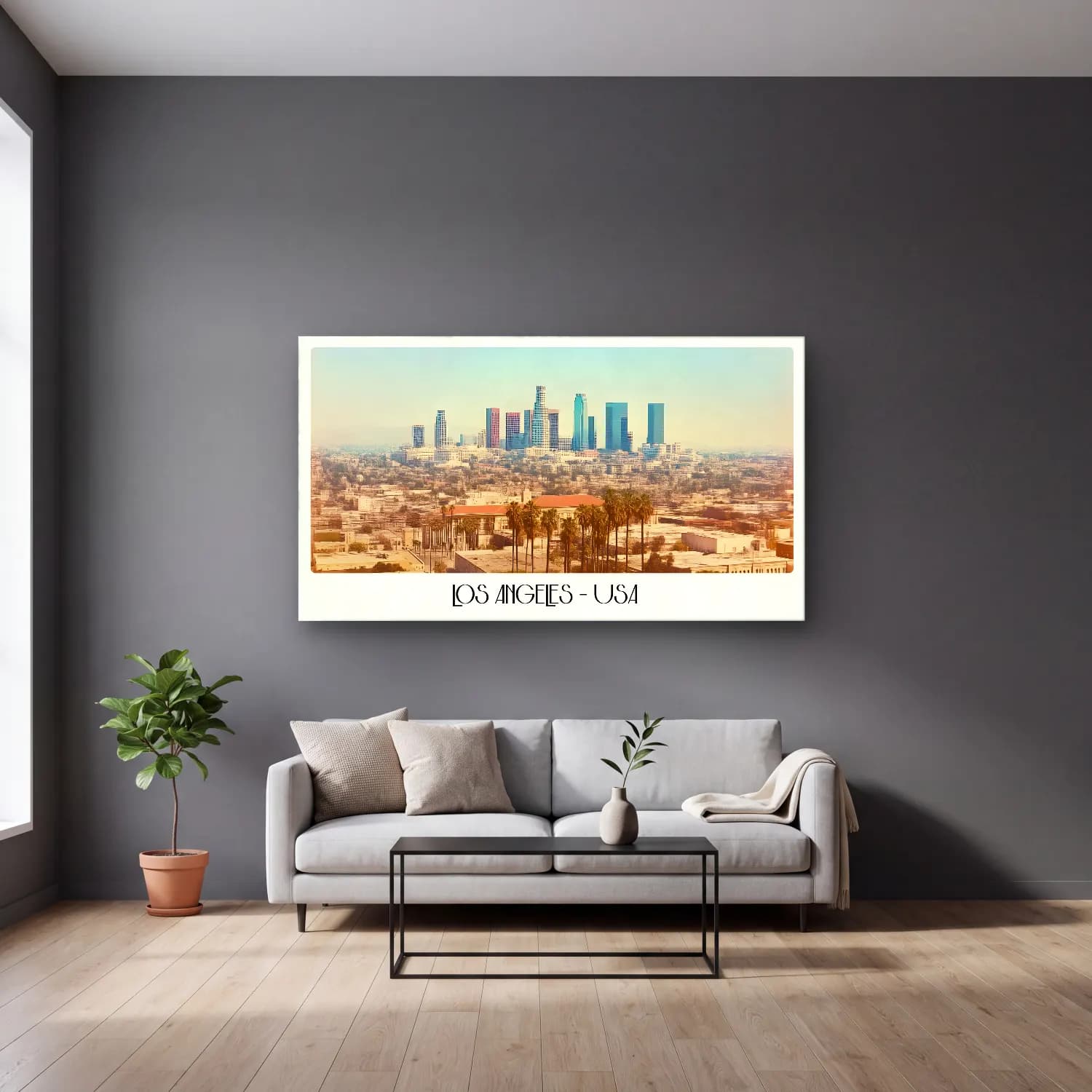 Vintage Poster New York Silüeti No. 3 cam tablo — gri duvarlı salonda