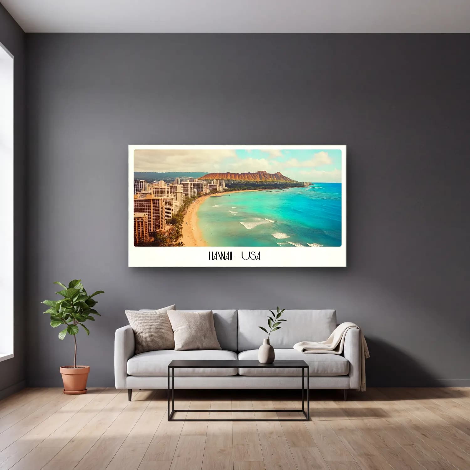 Pastel Dalgalı Sahil No. 22 cam tablo — gri duvarlı salonda