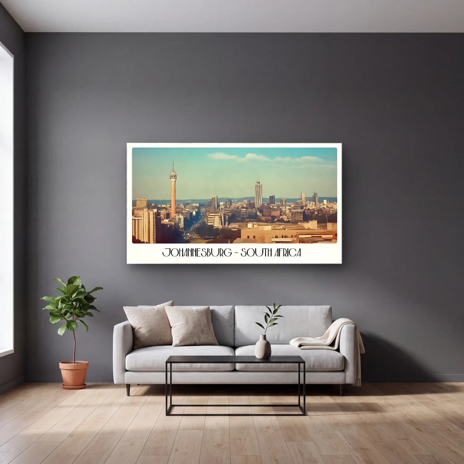 Pastel New York Silüeti – Pastel Tonlar cam tablo — gri duvarlı salonda