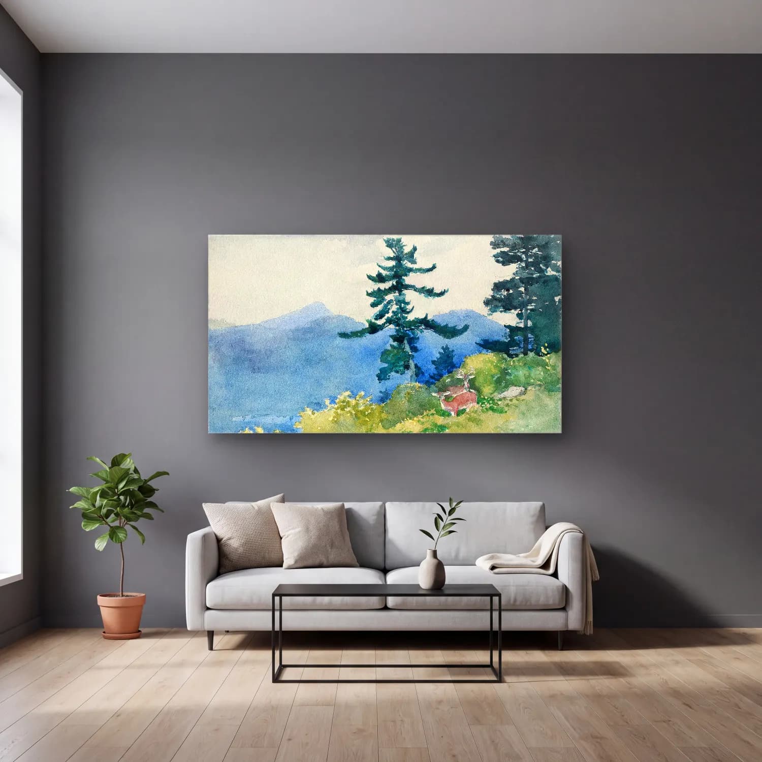 Winslow Homer – The North Woods cam tablo — gri duvarlı salonda
