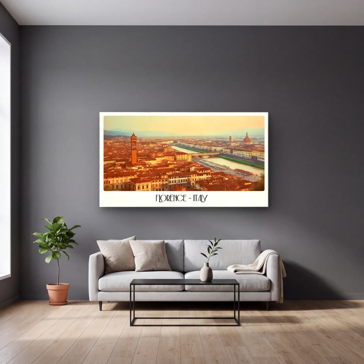 Pastel Akdeniz Sahil Kasabası – Sarı Tonlar cam tablo — gri duvarlı salonda