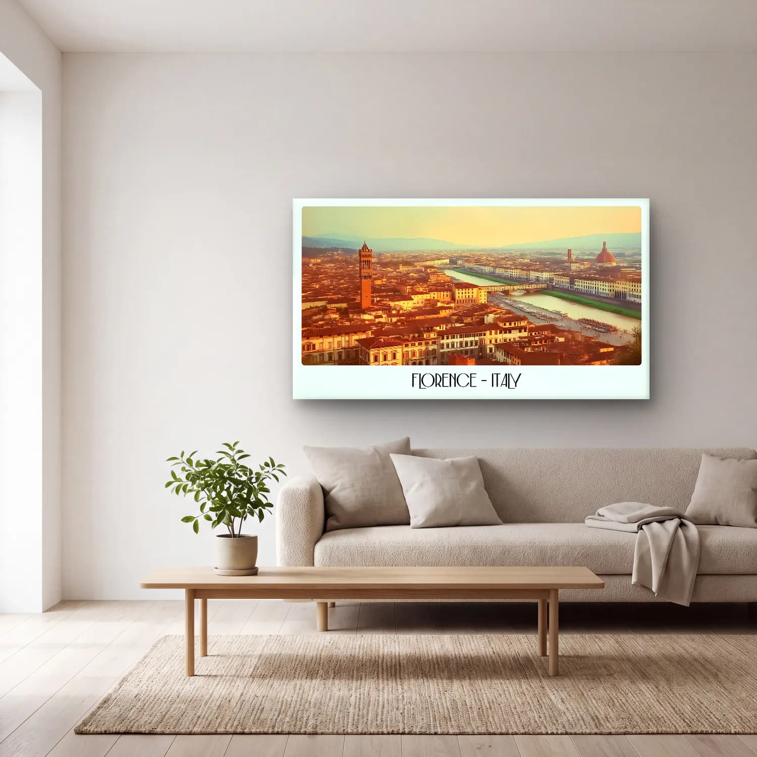 Pastel Akdeniz Sahil Kasabası – Sarı Tonlar cam tablo — açık renk salonda