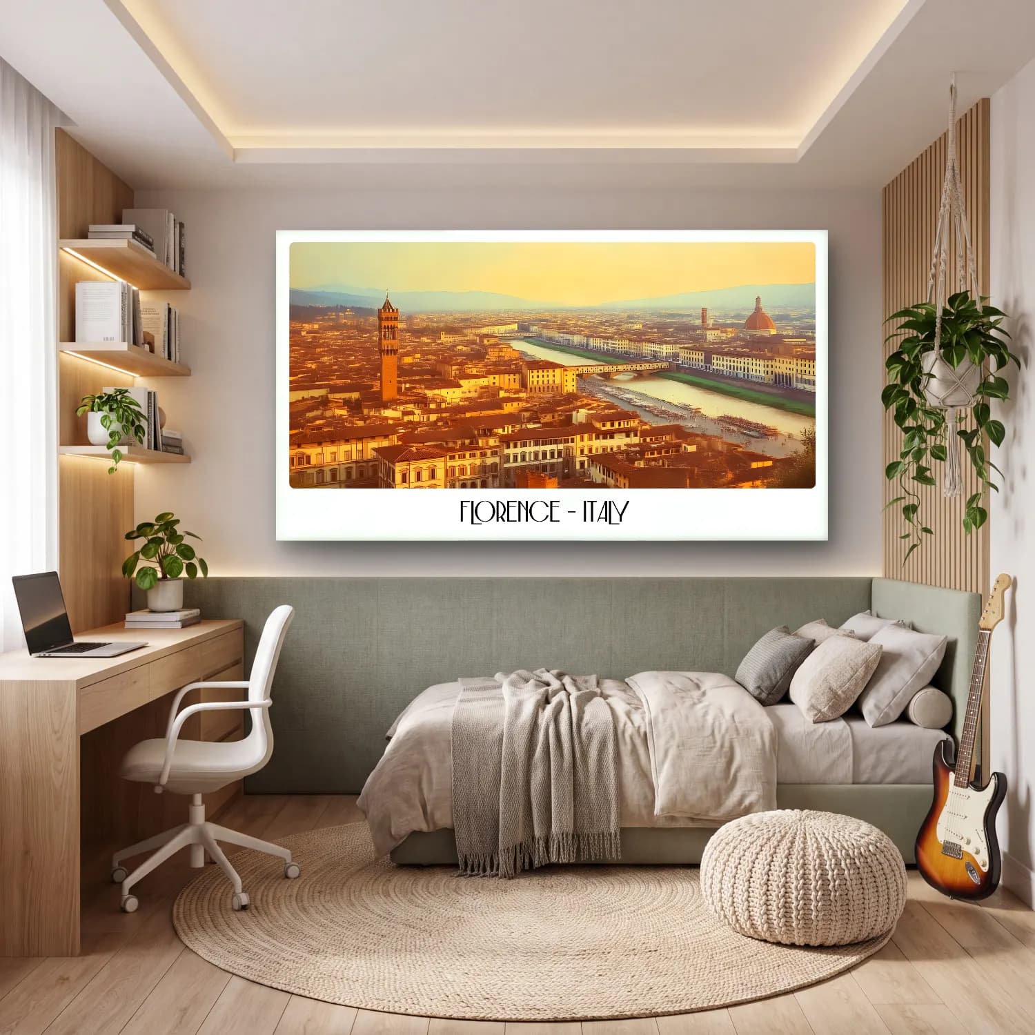 Pastel Akdeniz Sahil Kasabası – Sarı Tonlar cam tablo — genç odasında