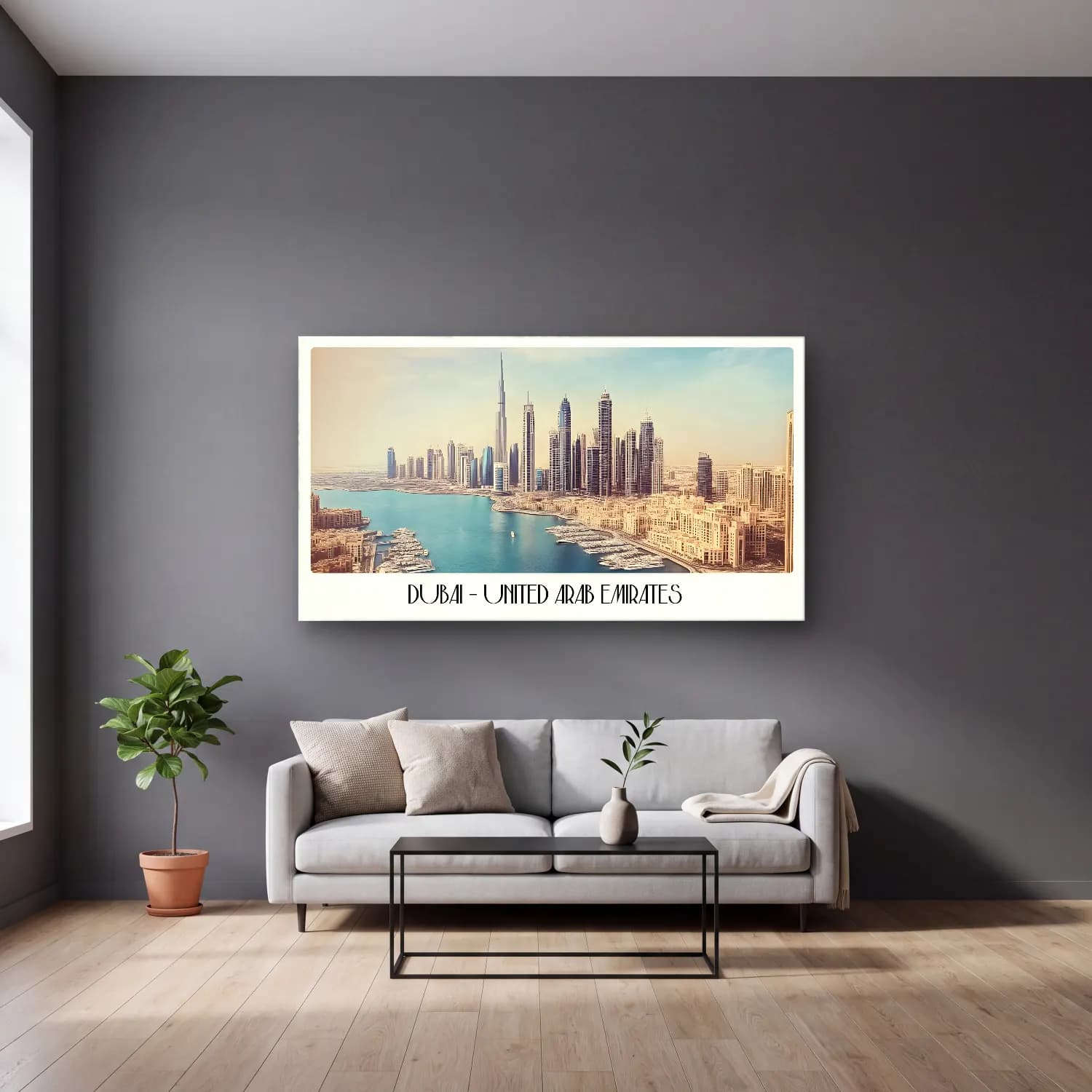 Pastel Liman ve Tekneler No. 4 cam tablo — gri duvarlı salonda