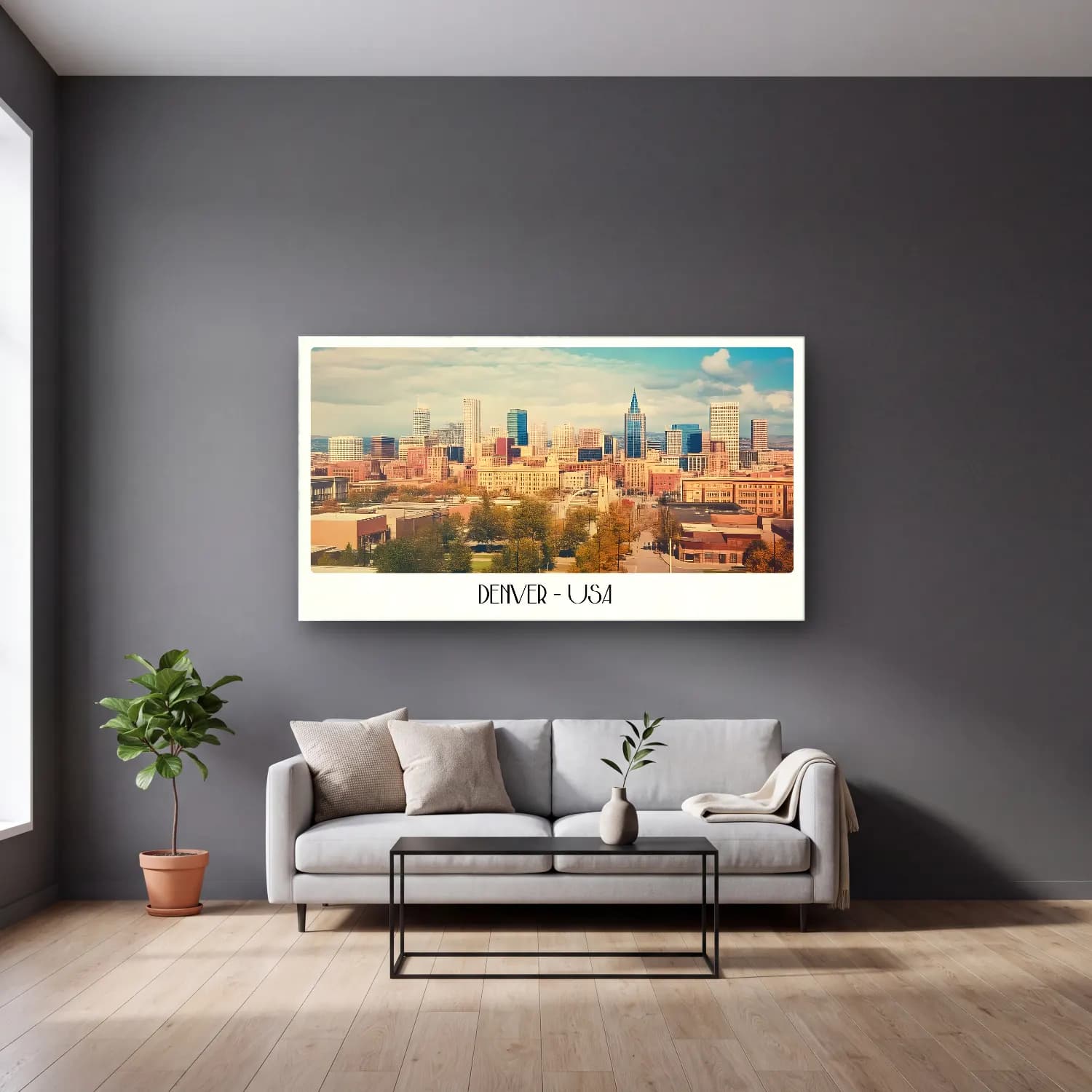 Vintage Poster New York Silüeti No. 4 cam tablo — gri duvarlı salonda