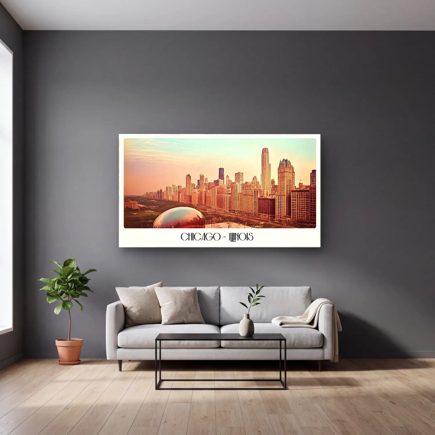 Vintage Poster New York Silüeti No. 5 cam tablo — gri duvarlı salonda
