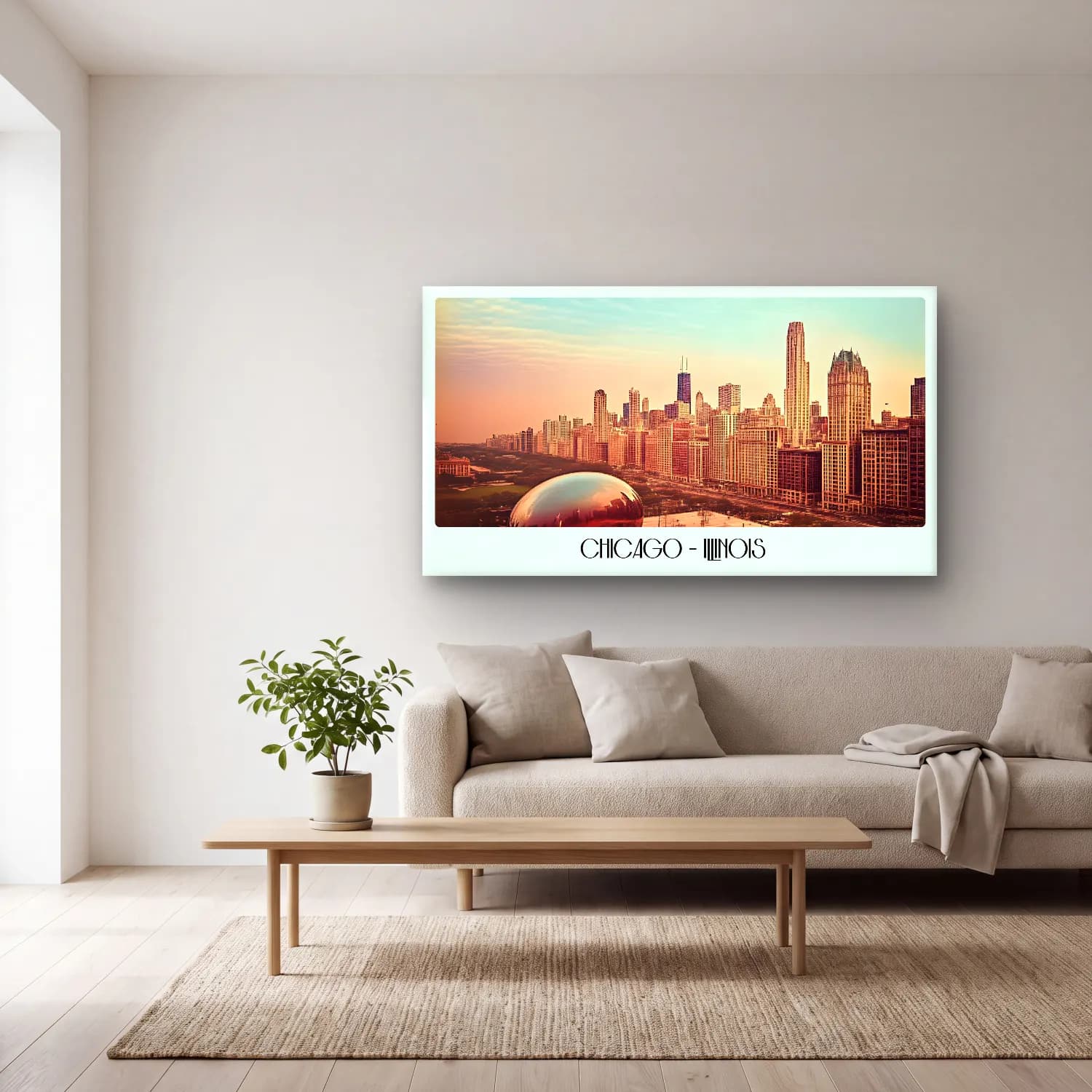 Vintage Poster New York Silüeti No. 5 cam tablo — açık renk salonda