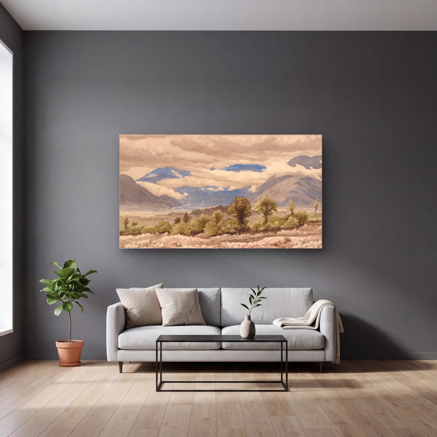 P.C. Skovgaard – Italian mountain landscape in cloudy weather cam tablo — gri duvarlı salonda