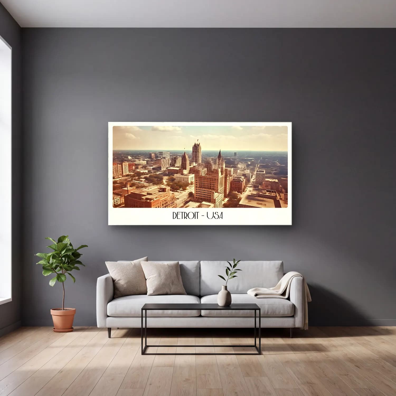 Retro New York Silüeti – Turkuaz Tonlar cam tablo — gri duvarlı salonda