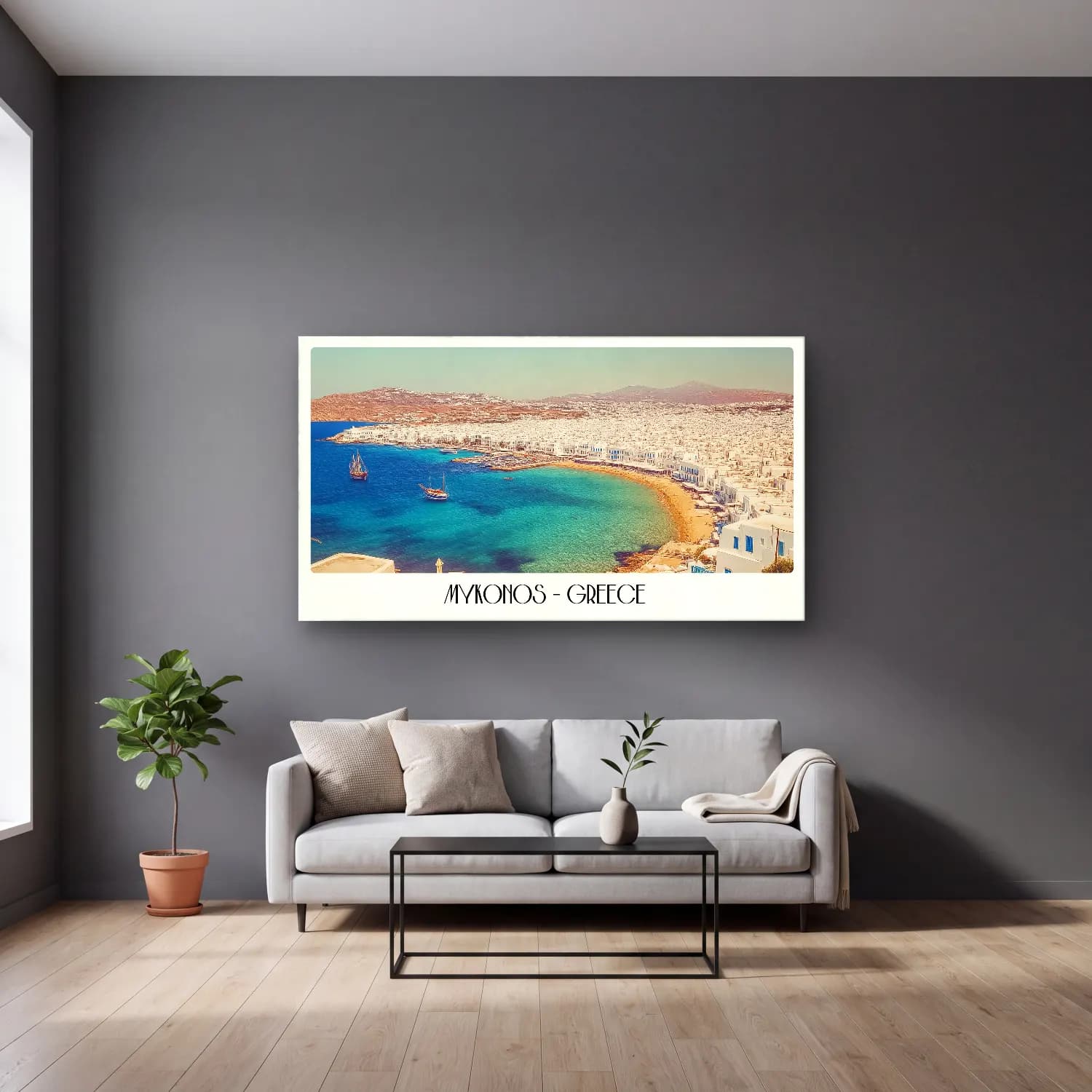 Vintage Poster Yunan Adası – Sarı Tonlar cam tablo — gri duvarlı salonda