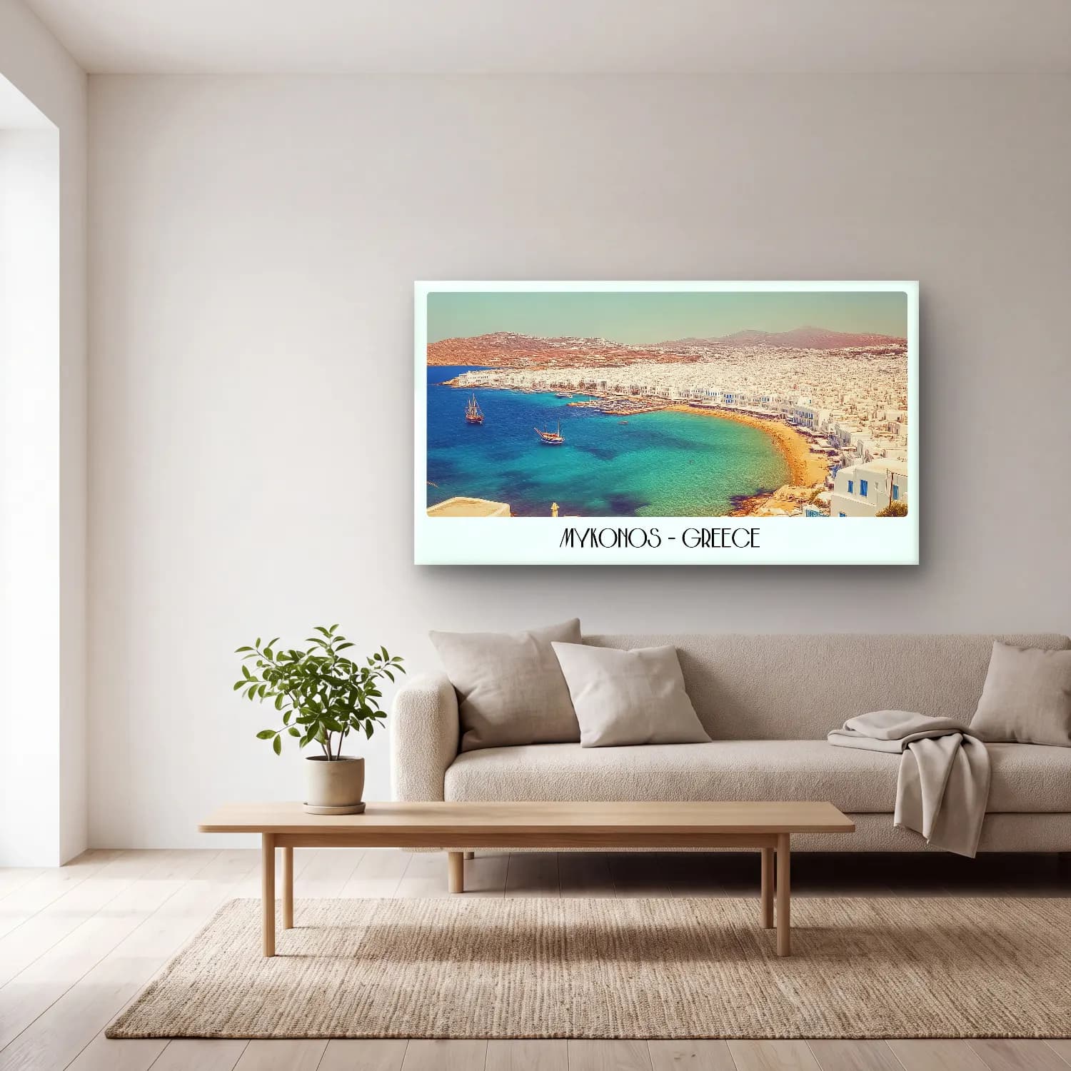 Vintage Poster Yunan Adası – Sarı Tonlar cam tablo — açık renk salonda