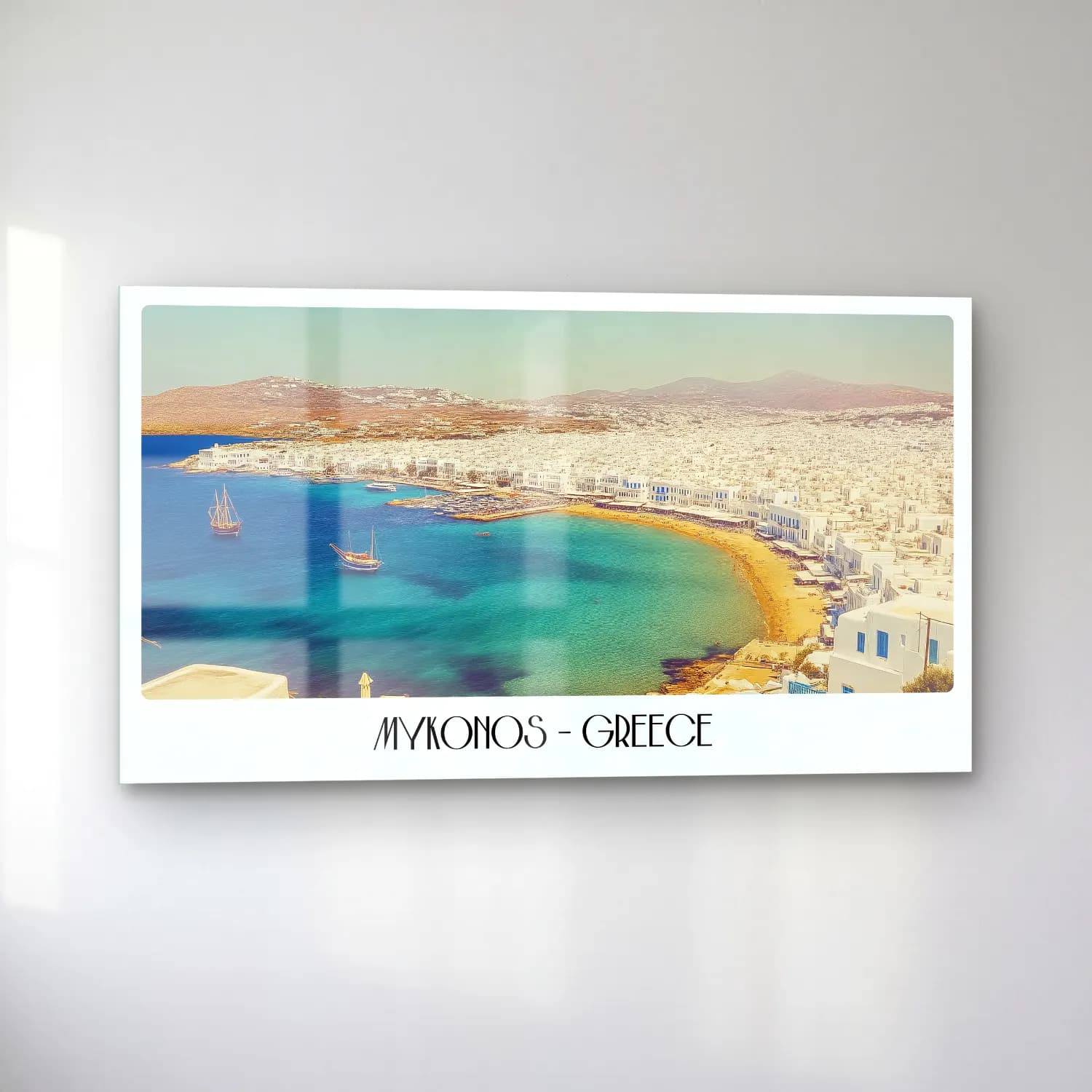Vintage Poster Yunan Adası – Sarı Tonlar cam tablo — sol açıdan görünüm