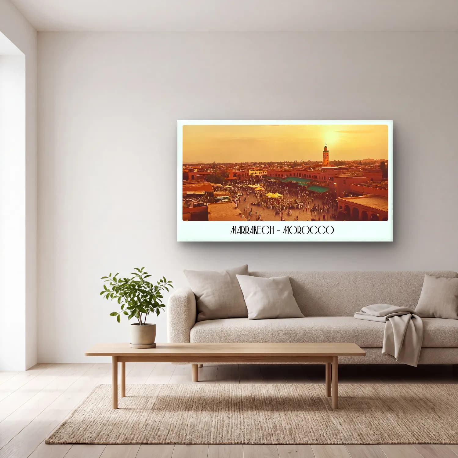 Vintage Poster Akdeniz Sahil Kasabası No. 8 cam tablo — açık renk salonda