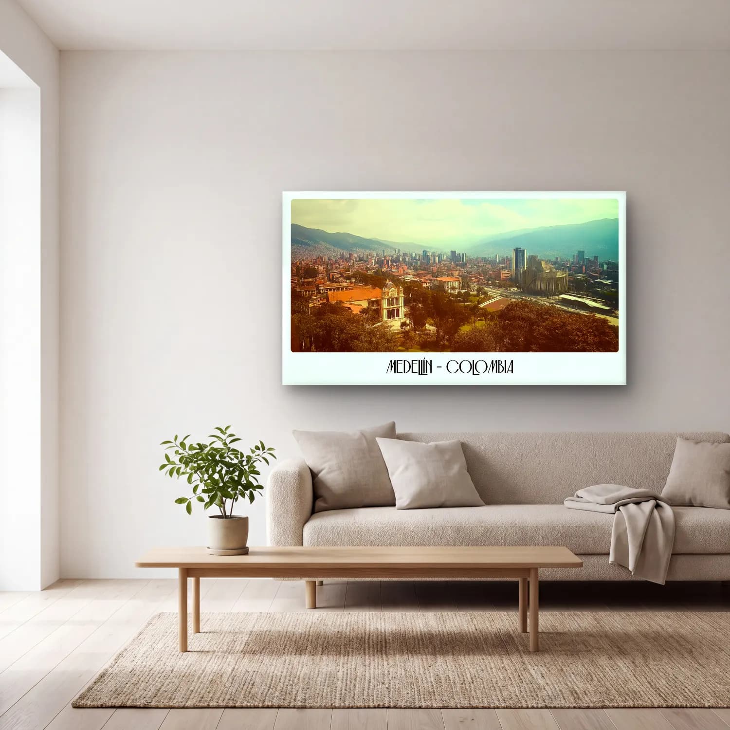 Pastel Akdeniz Sahil Kasabası No. 5 cam tablo — açık renk salonda