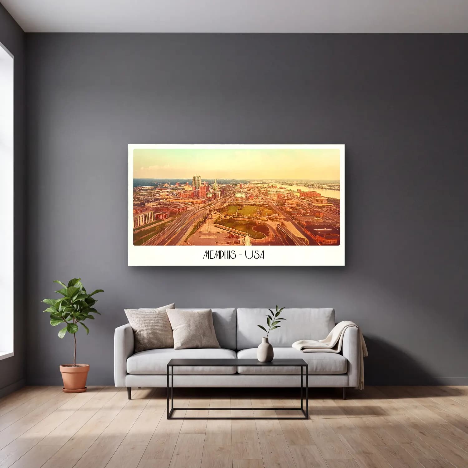 Vintage Poster New York Silüeti No. 6 cam tablo — gri duvarlı salonda
